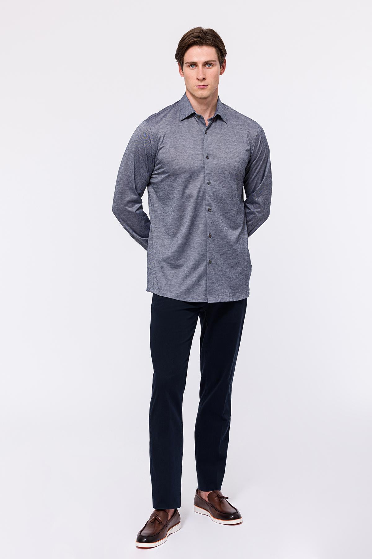 Erkek Gri Cooper Fit Düğmeli Yaka Jersey Gömlek