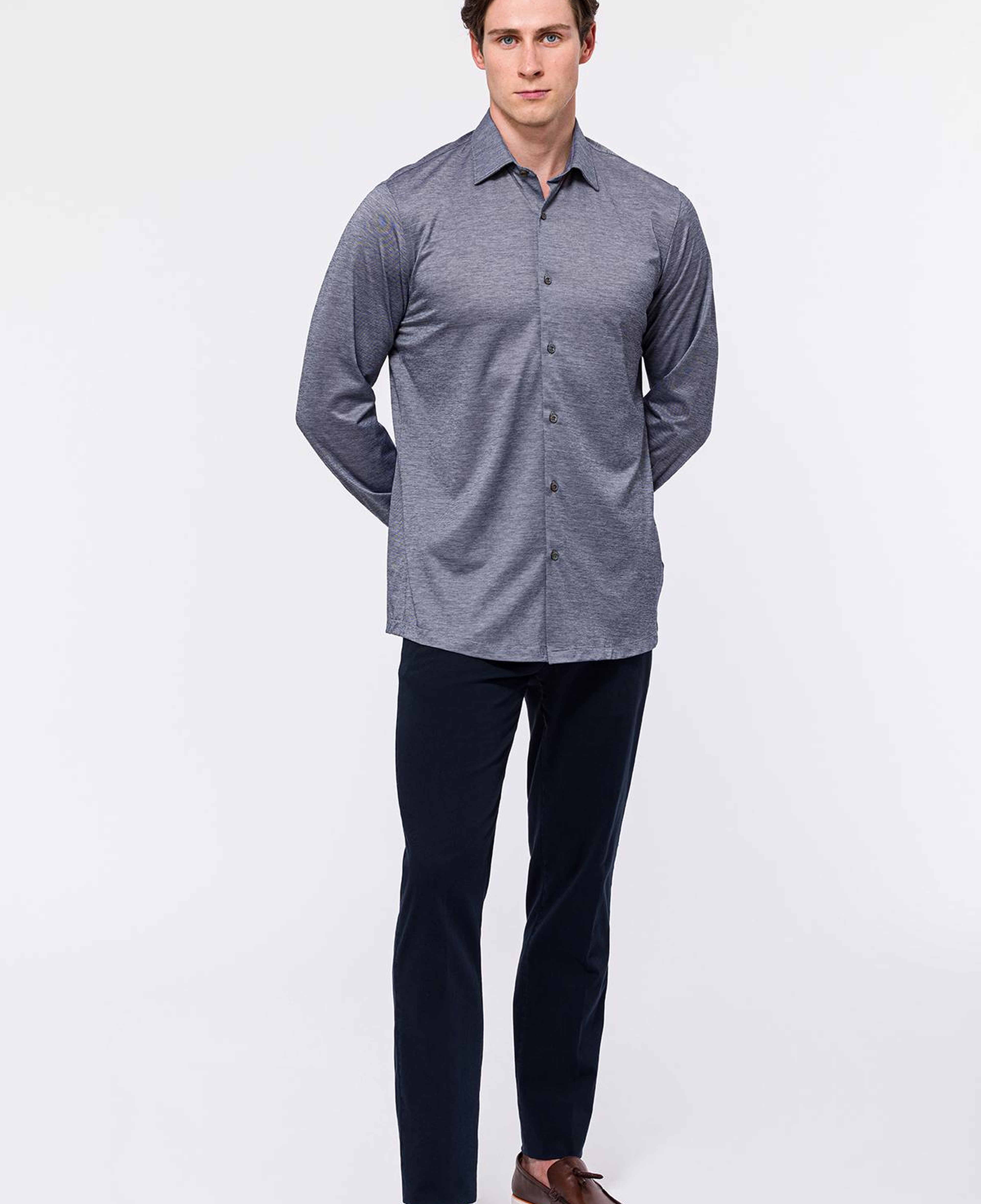 Erkek Gri Cooper Fit Düğmeli Yaka Jersey Gömlek