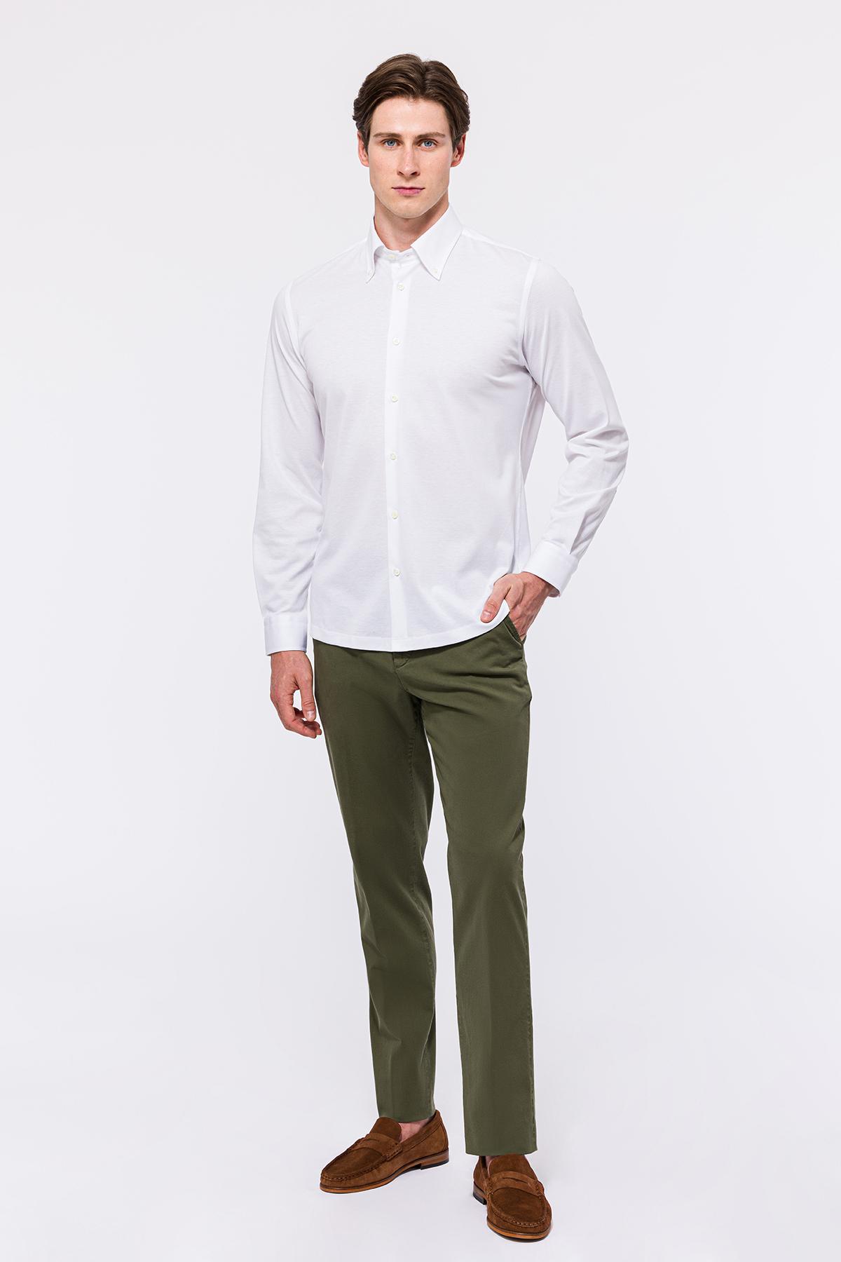 Erkek Beyaz Cooper Fit Düğmeli Yaka Pike Gömlek