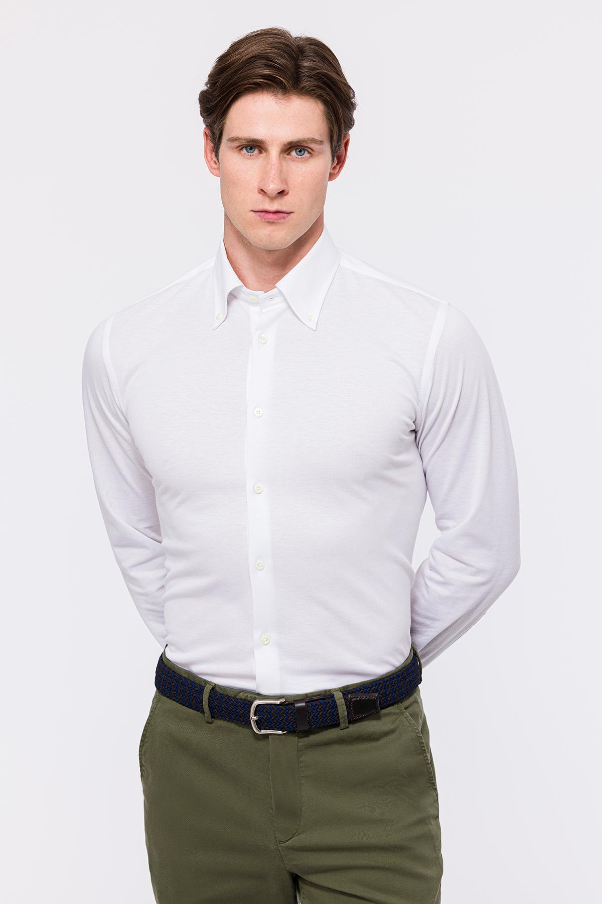 Erkek Beyaz Cooper Fit Düğmeli Yaka Pike Gömlek