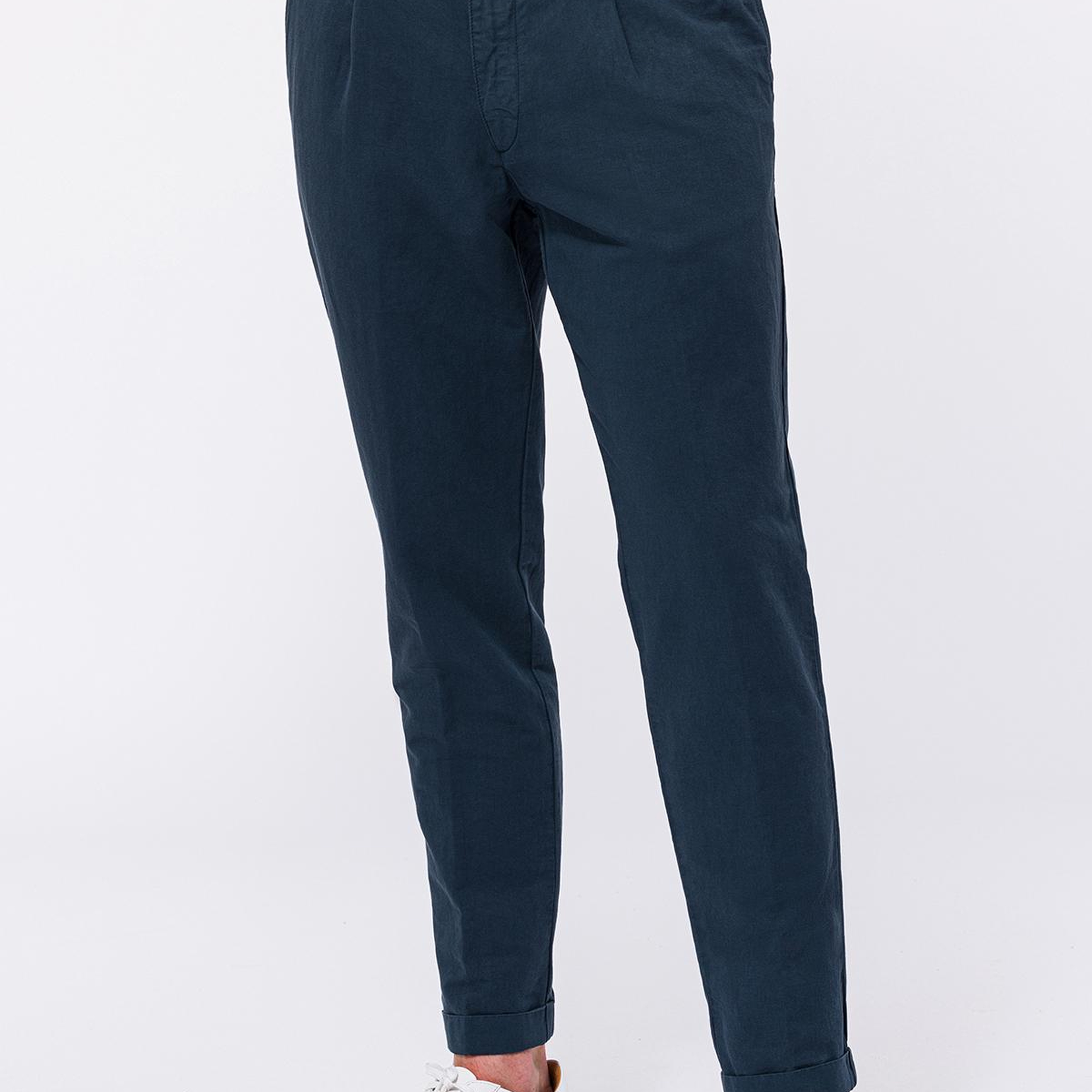 Erkek Lacivert Beli Lastikli Bağcıklı Keten Pantolon