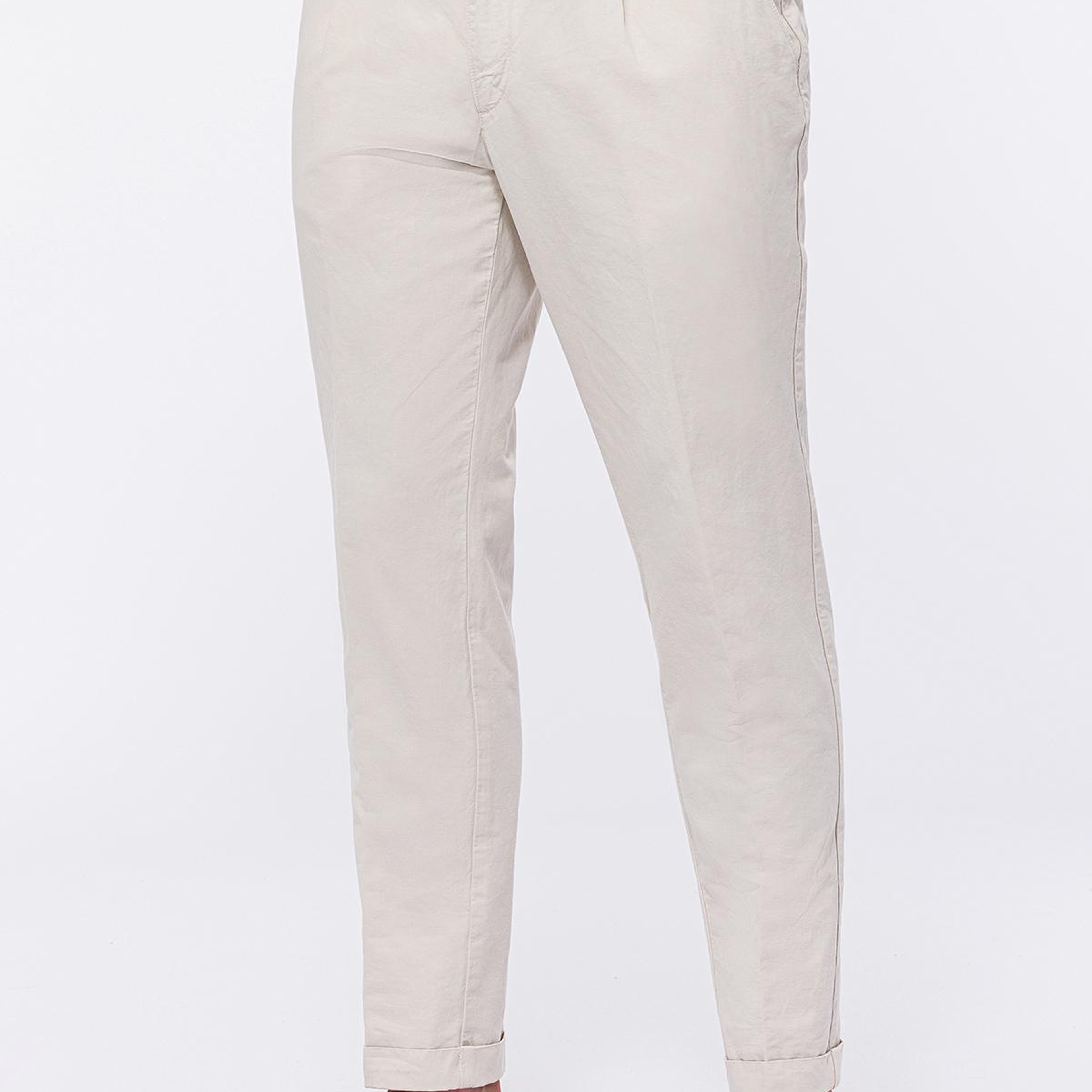 Erkek Bej Beli Lastikli Bağcıklı Keten Pantolon