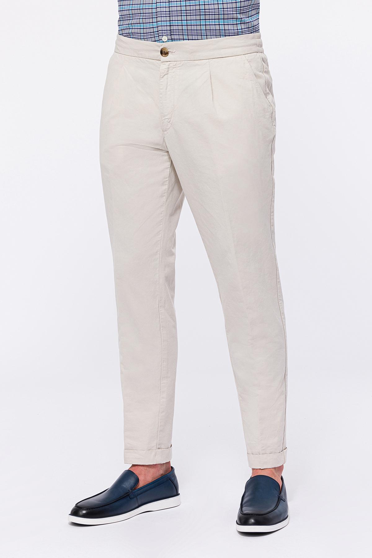 Erkek Bej Beli Lastikli Bağcıklı Keten Pantolon