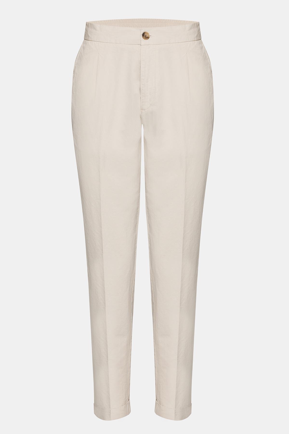 Erkek Bej Beli Lastikli Bağcıklı Keten Pantolon