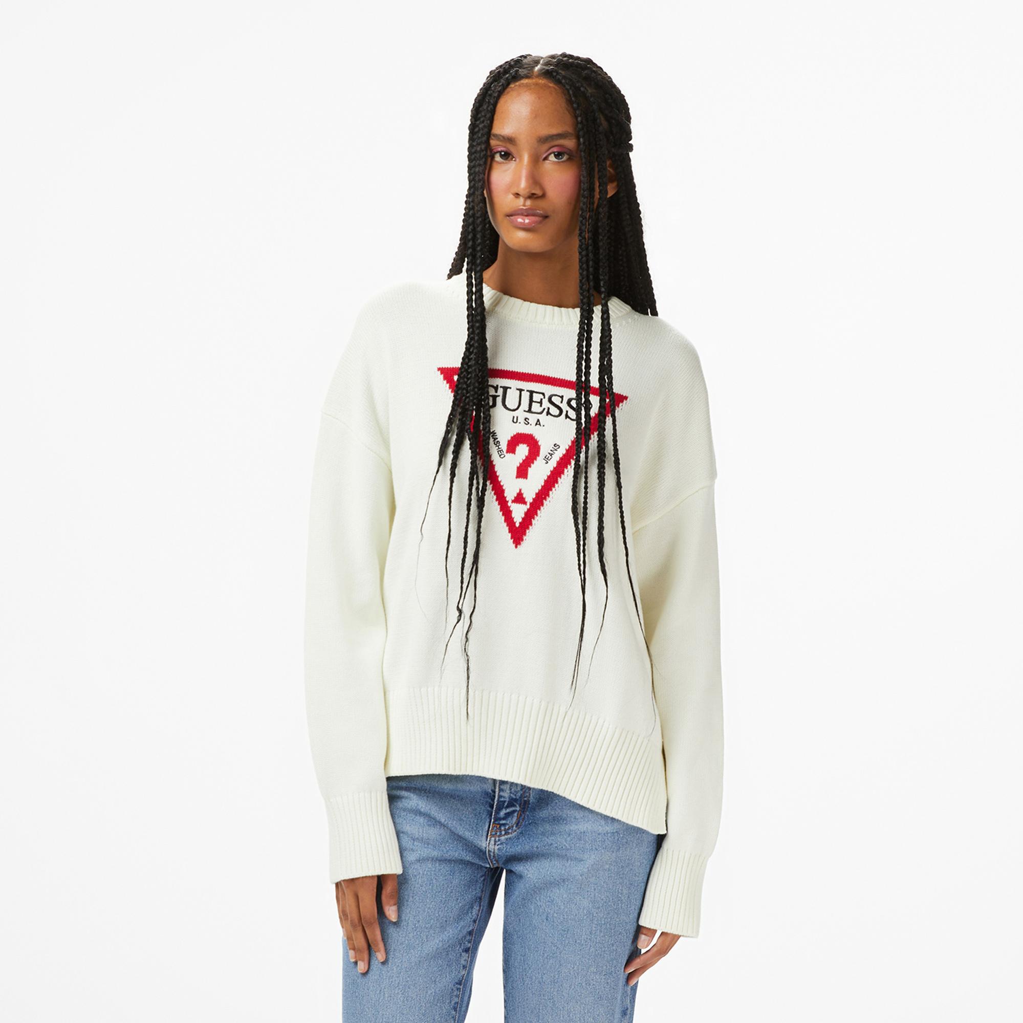 Guess Triangle Kadın Beyaz Kazak