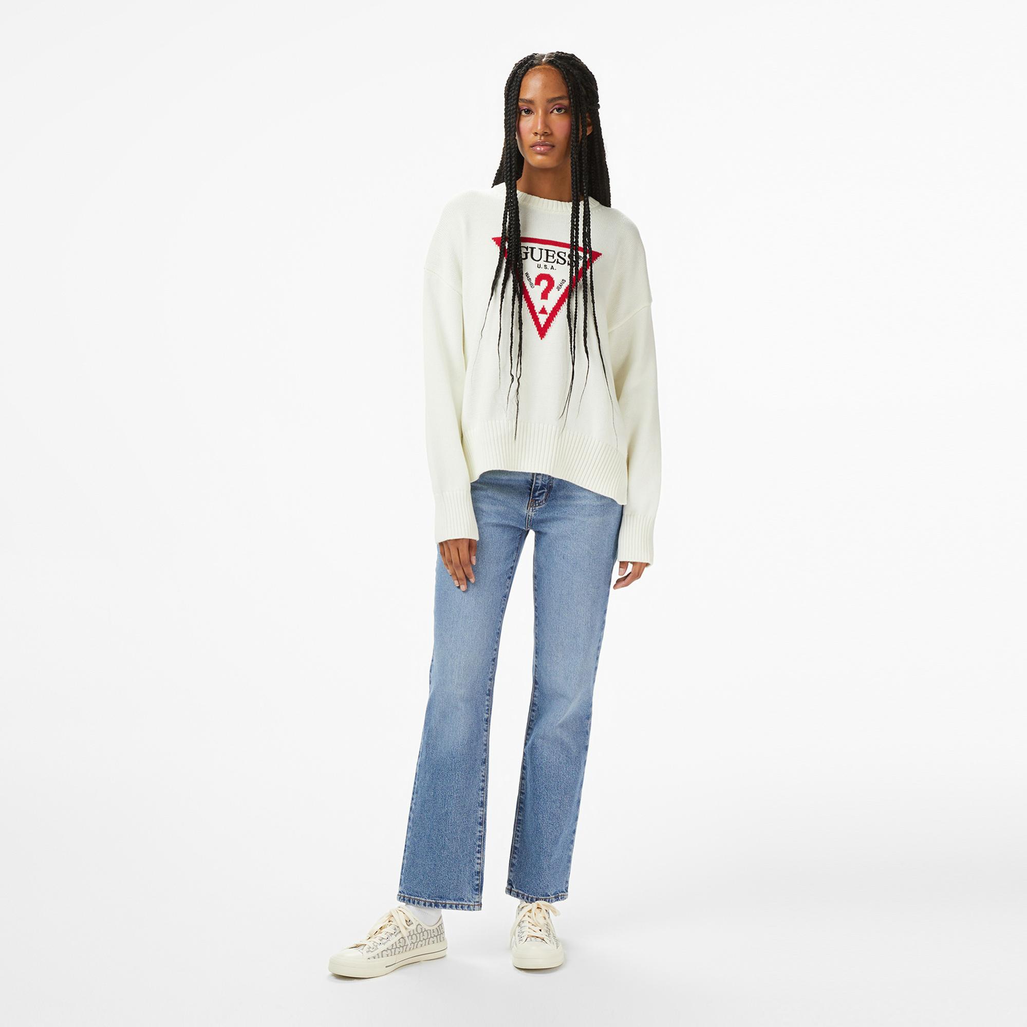 Guess Triangle Kadın Beyaz Kazak