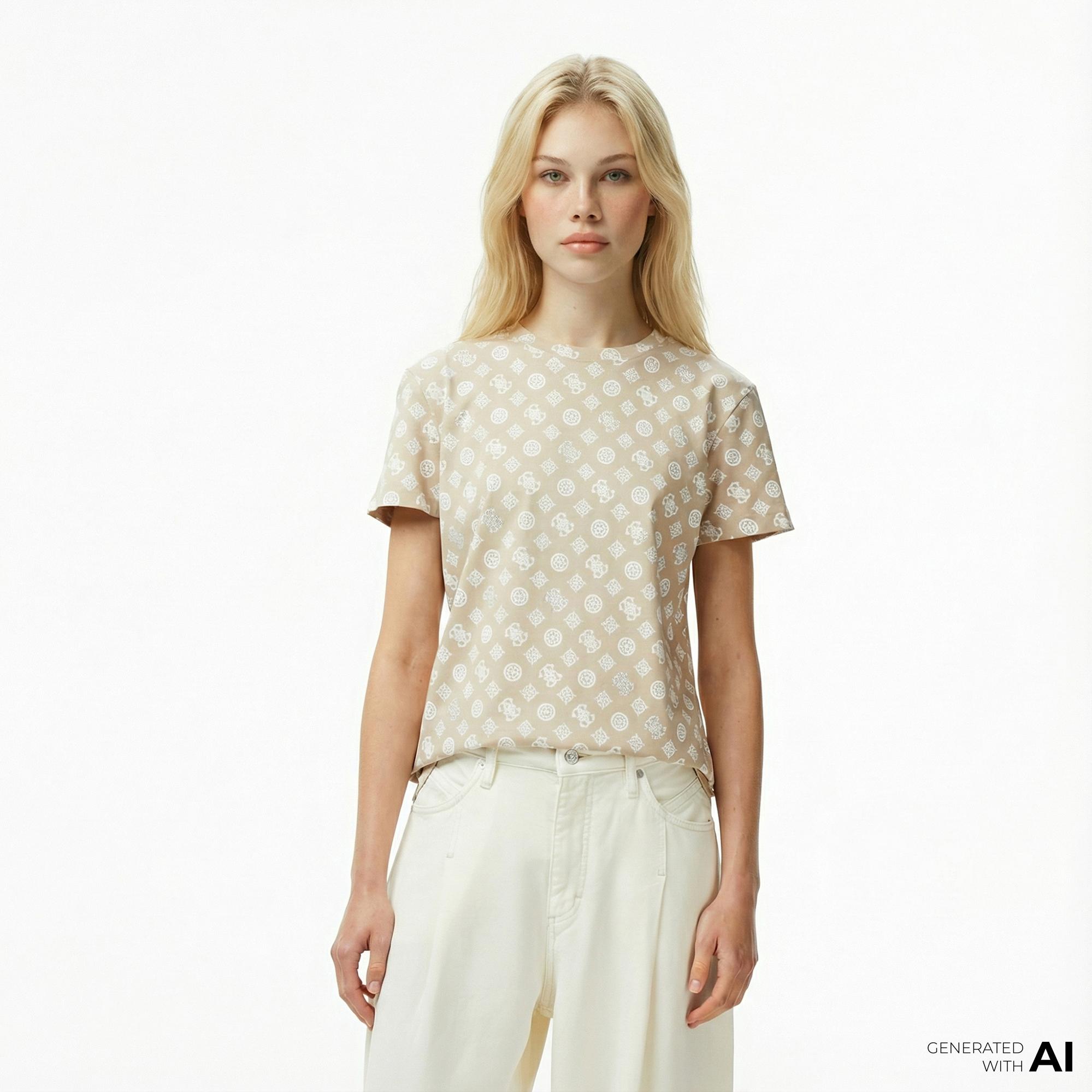 Guess Gloria Regular Fit Kadın Krem T-Shirt