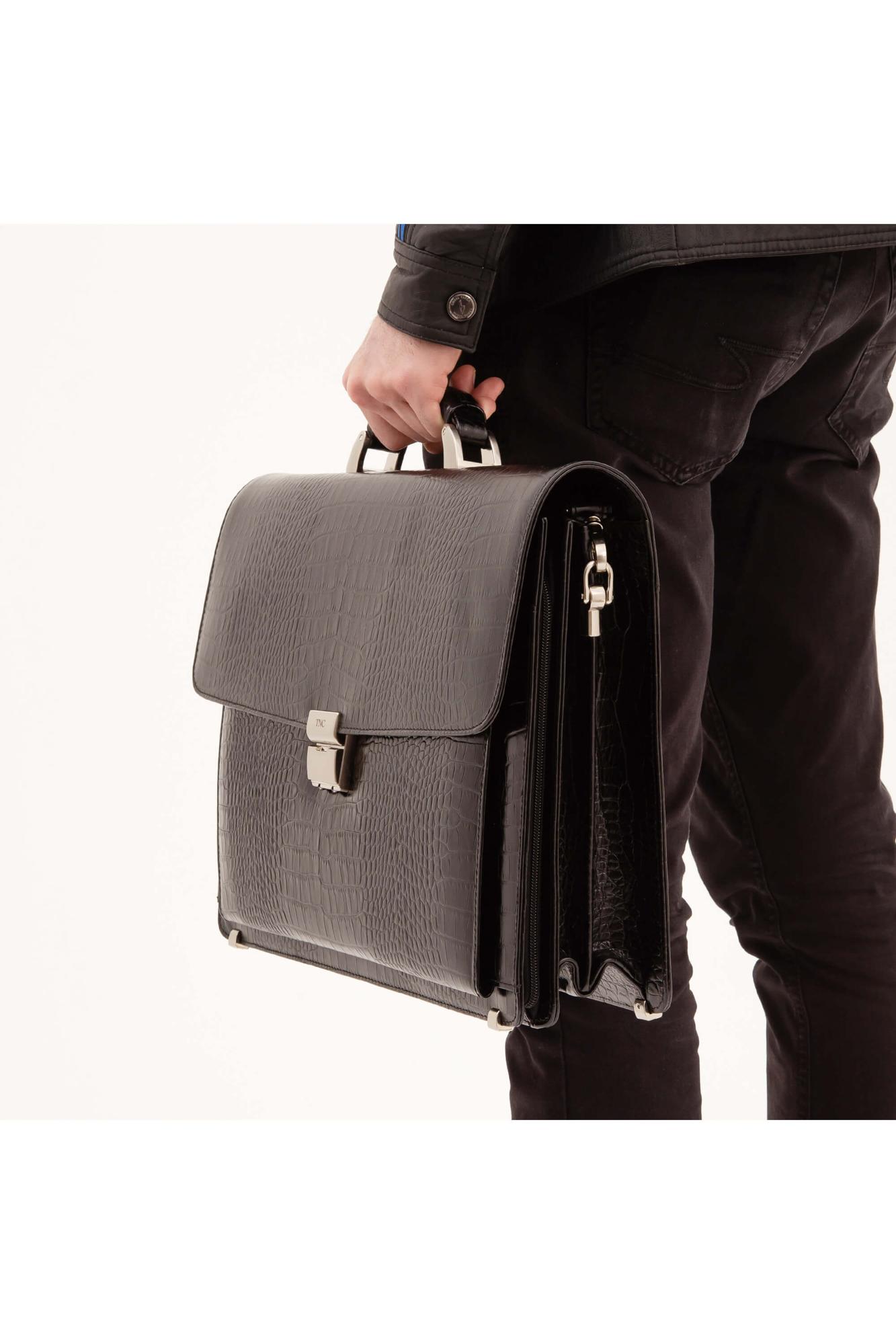 Tamer Tanca Erkek Hakiki Deri Siyah Kroko Evrak Çantası