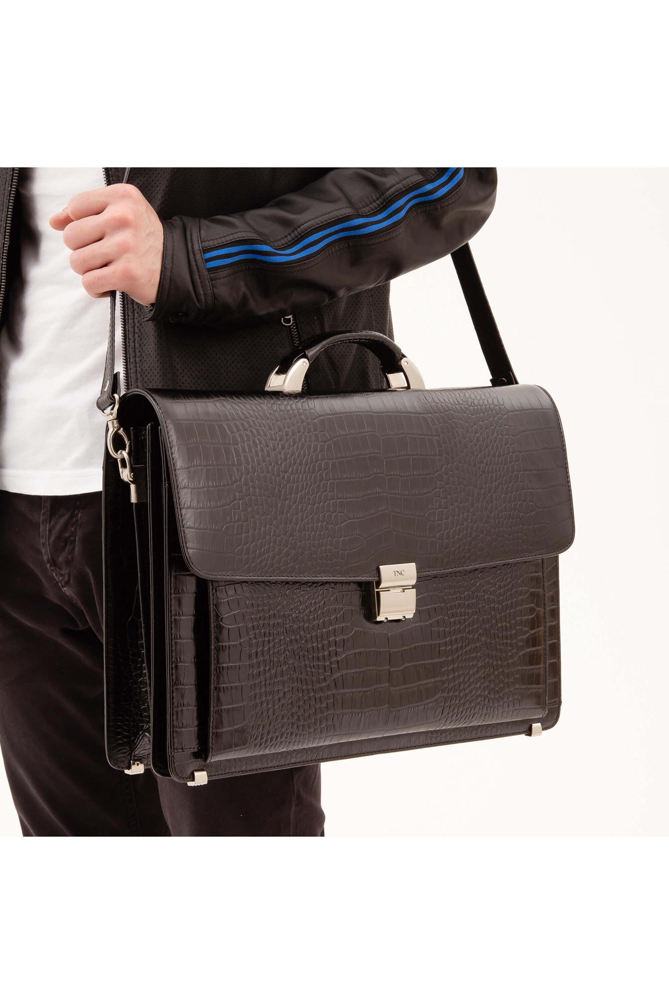 Tamer Tanca Erkek Hakiki Deri Siyah Kroko Evrak Çantası