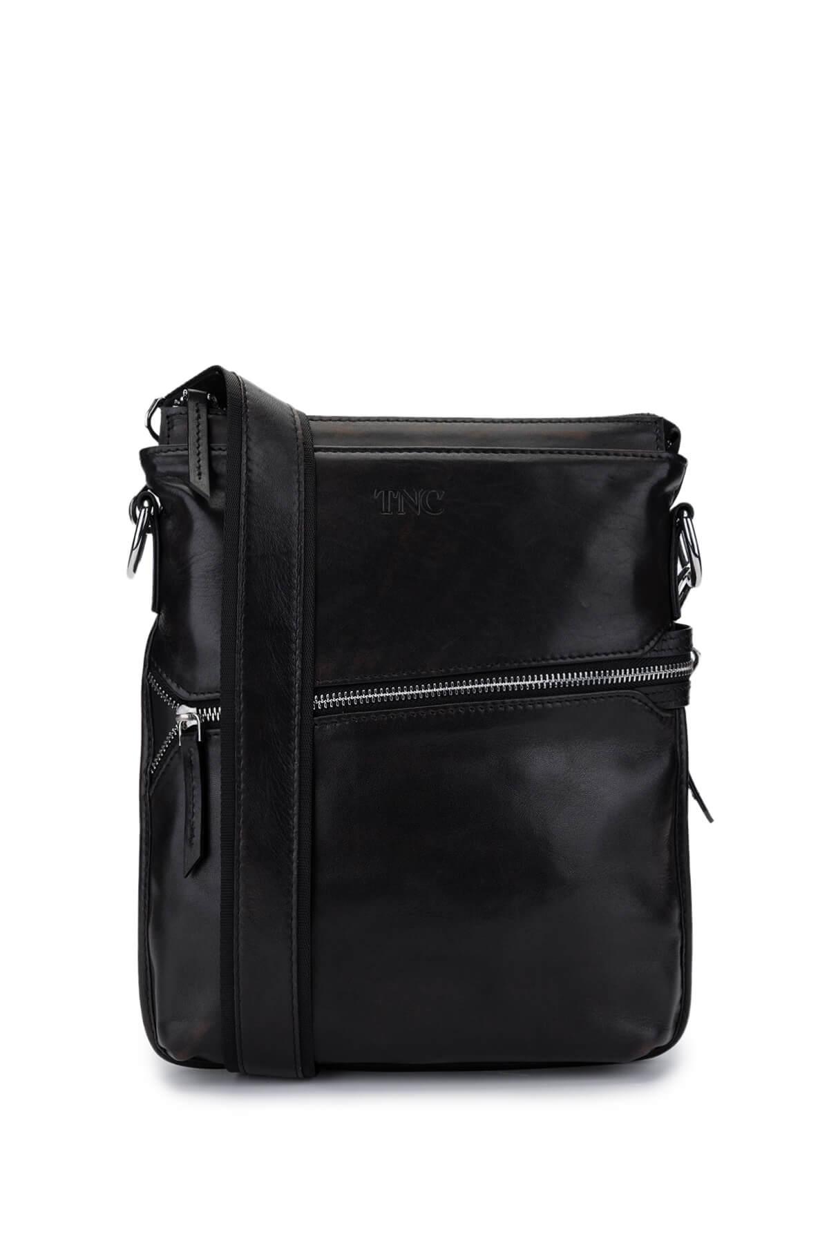 Tamer Tanca Erkek Hakiki Deri Siyah Eskitme Postacı Çanta
