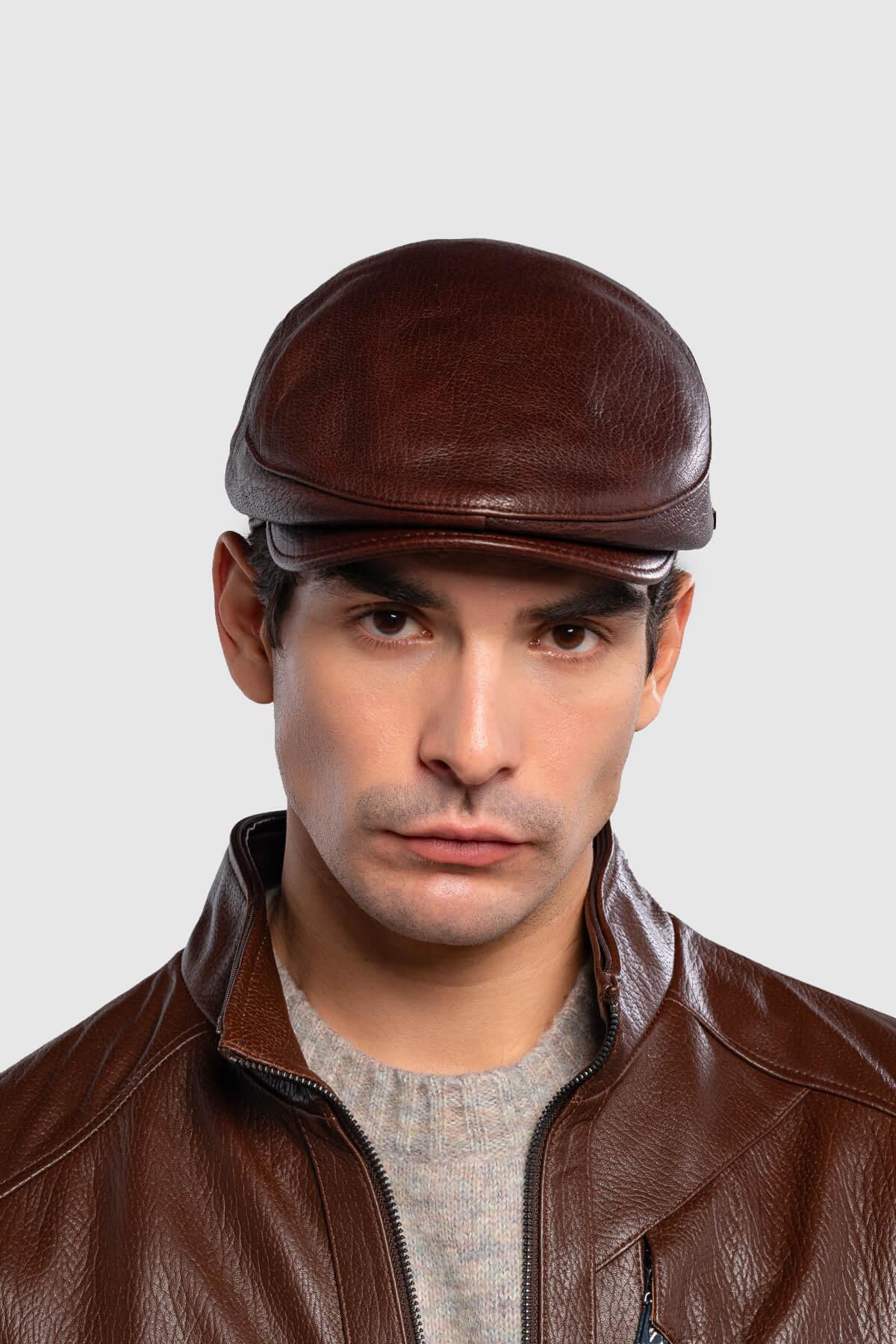 Tamer Tanca Erkek Hakiki Deri Kahverengi Kasket Şapka