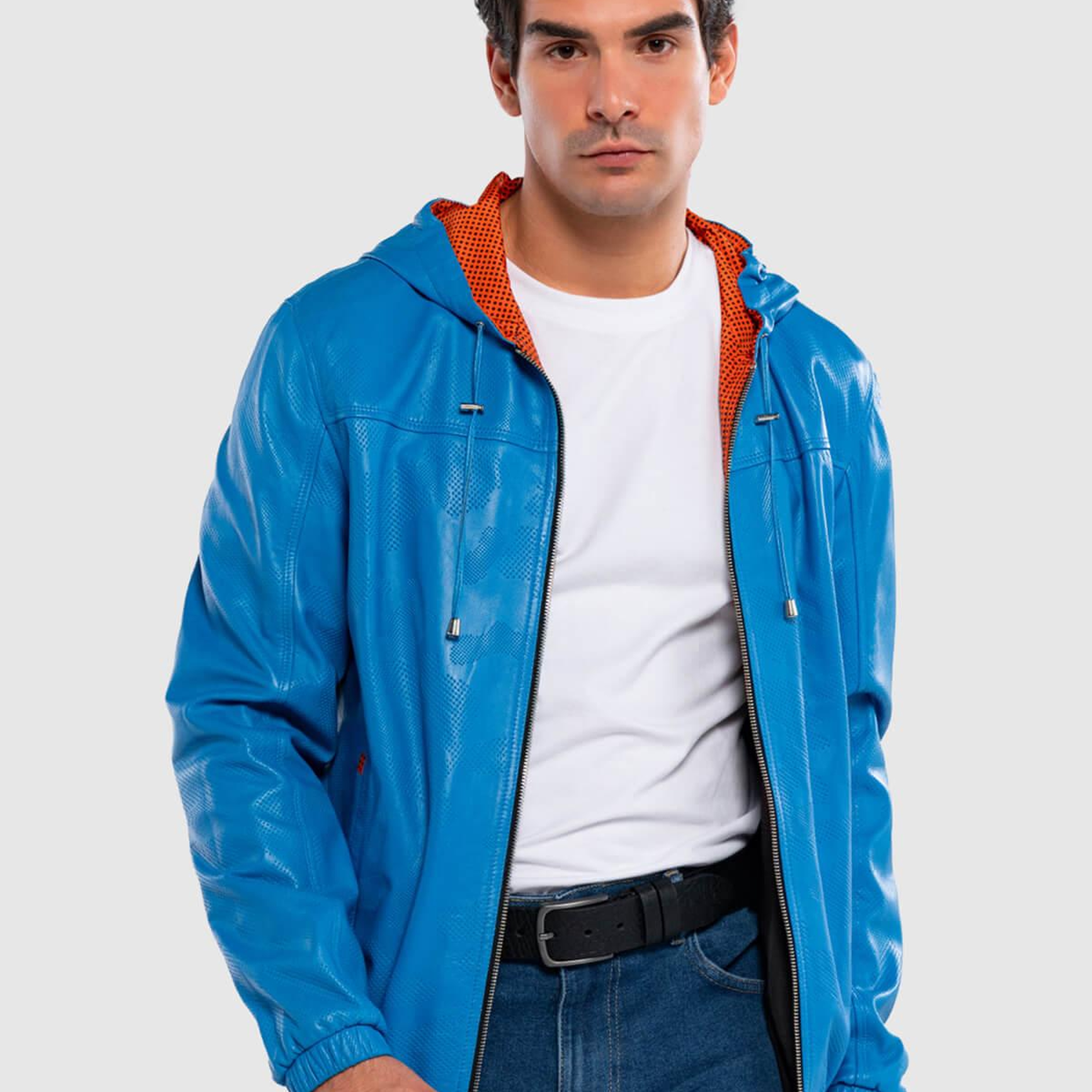 Tamer Tanca Erkek Hakiki Deri Mavi/Turuncu Deri Mont