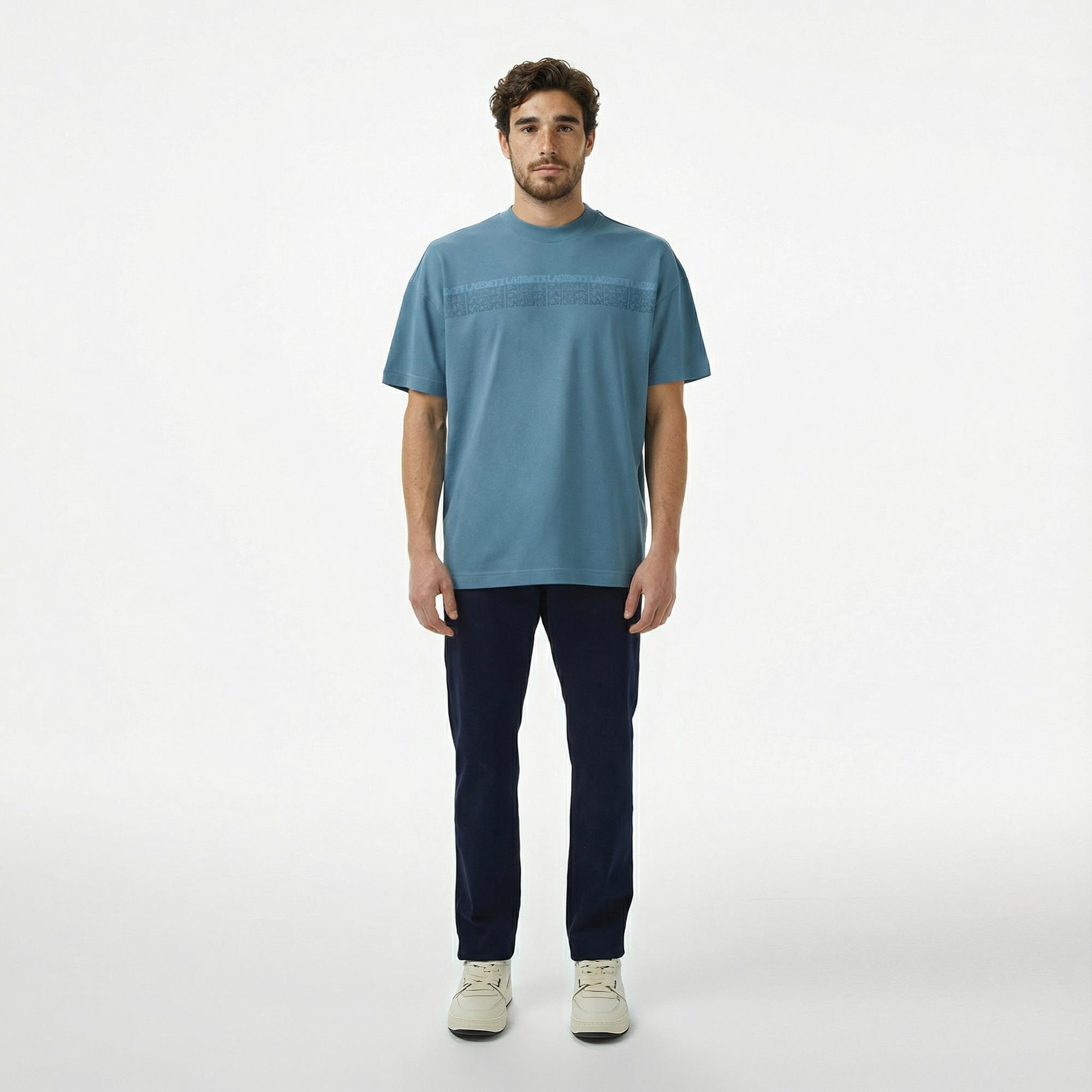 Lacoste Erkek Oversize Fit Bisiklet Yaka Baskılı Mavi T-Shirt