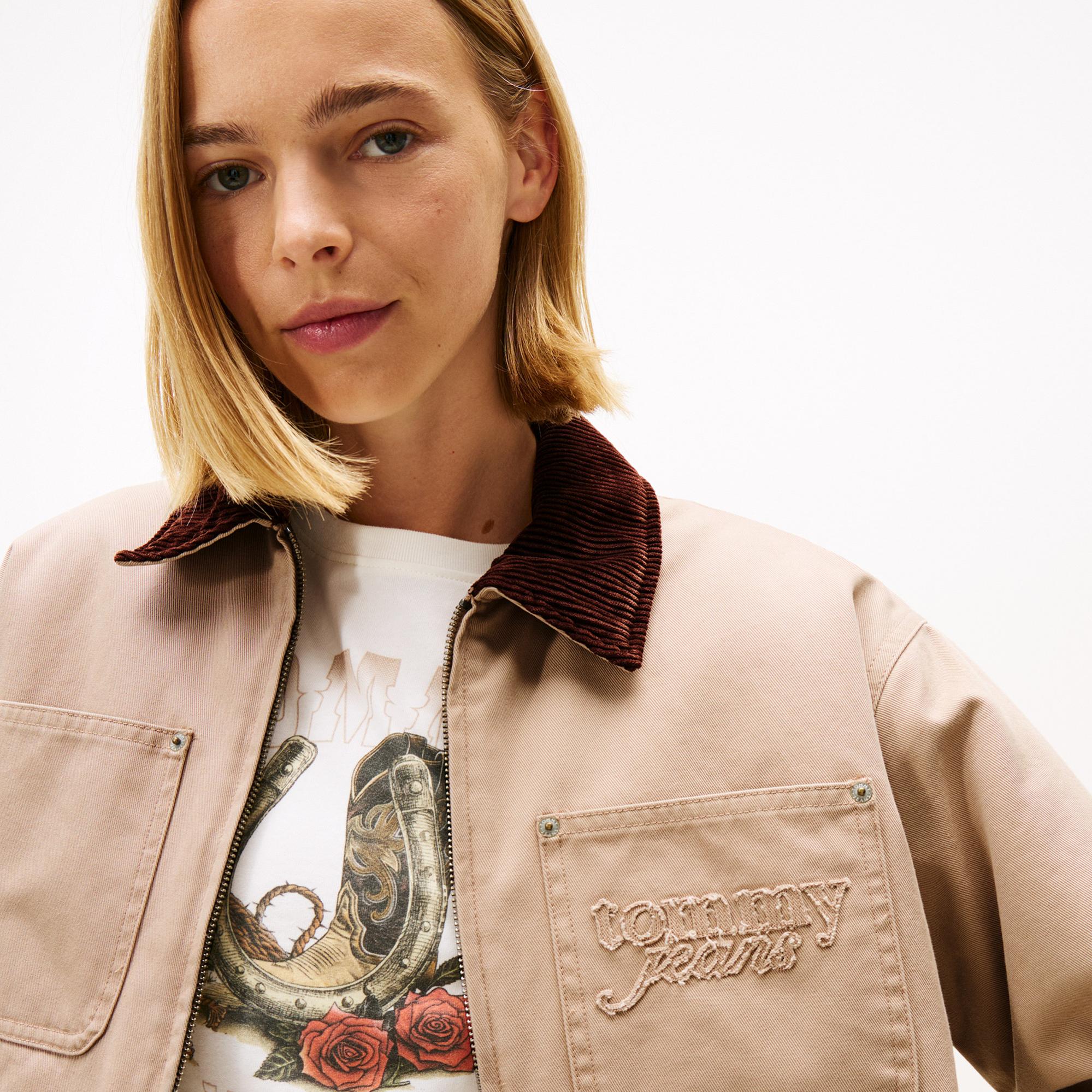 Tommy Jeans Padded Crop Coach Kadın Bej Ceket