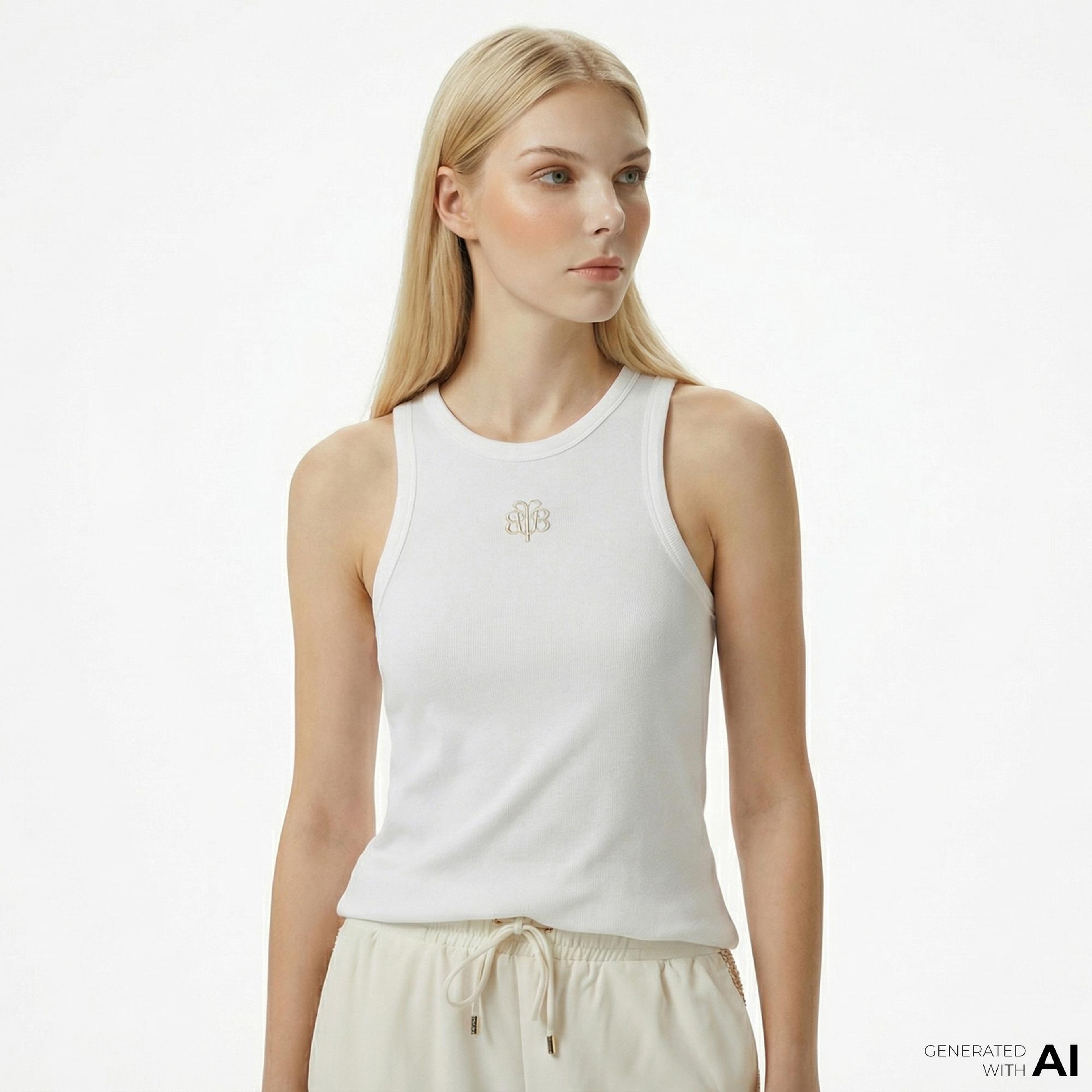 Brooks Brothers Palmiye Logo Nakışlı Kadın Beyaz Kolsuz T-Shirt