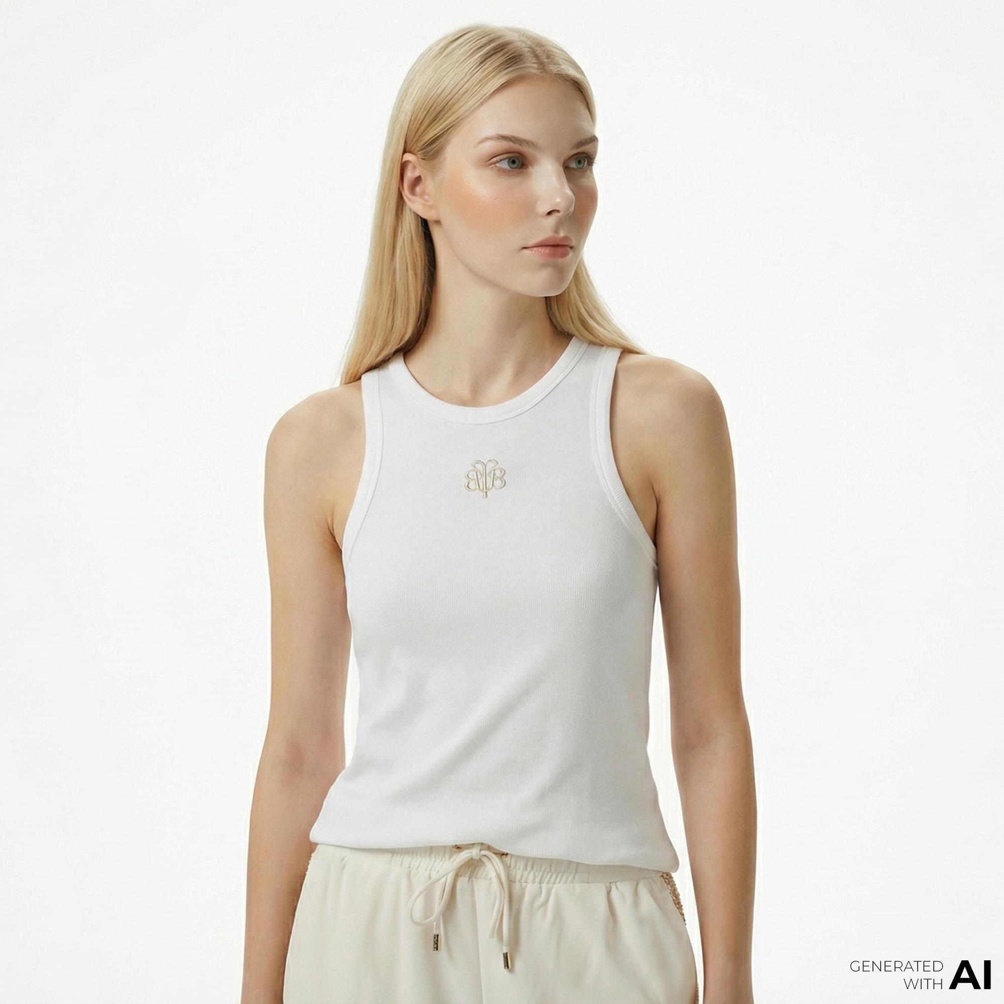 Brooks Brothers Palmiye Logo Nakışlı Kadın Beyaz Kolsuz T-Shirt