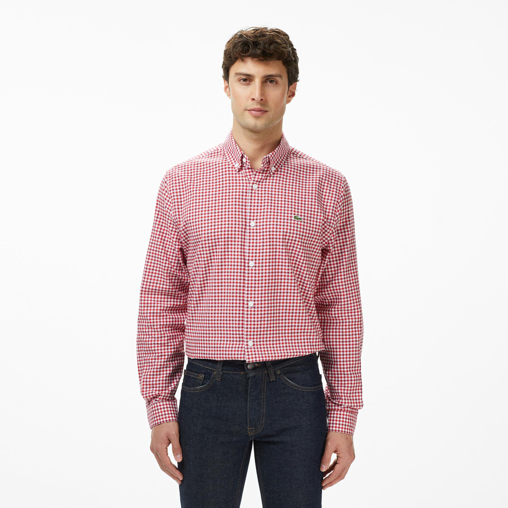 Lacoste Erkek Regular Fit Düğmeli Yaka Kareli Kırmızı Gömlek