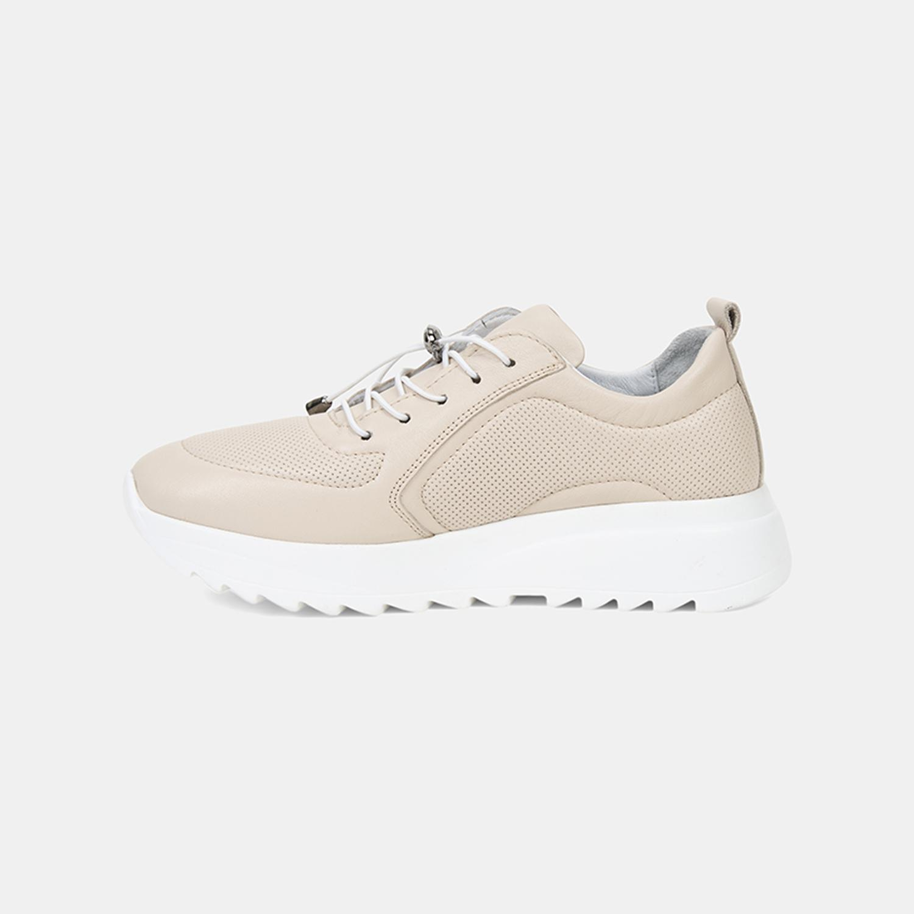 Kadın Kırık Beyaz Lastik Bağcıklı Dolgu Topuklu Deri Sneaker