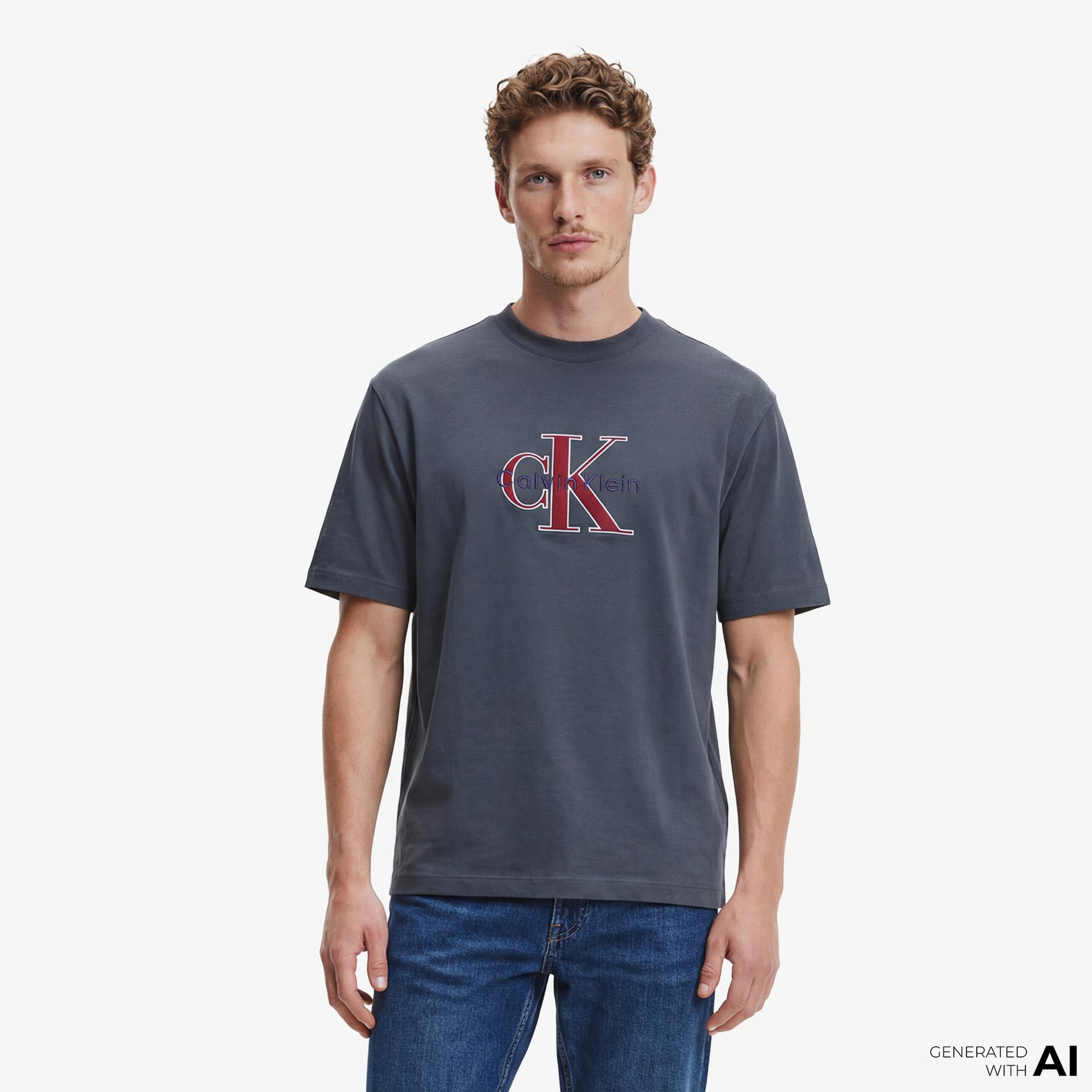 Calvin Klein Tricolor Monologo Graphic Erkek Mavi T-Shirt