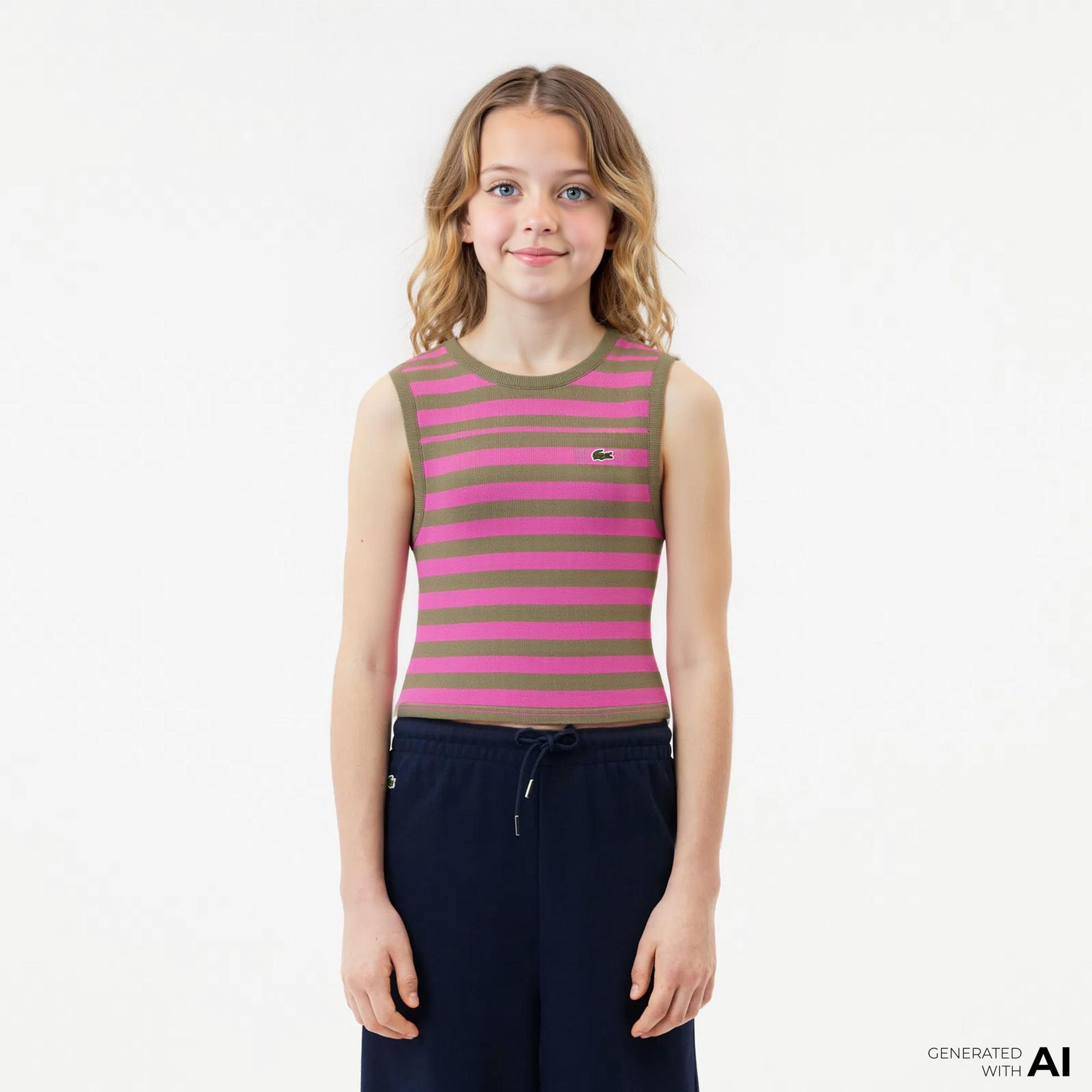 Lacoste Kız Çocuk Kolsuz Bisiklet Yaka Baskılı Kahverengi T-Shirt