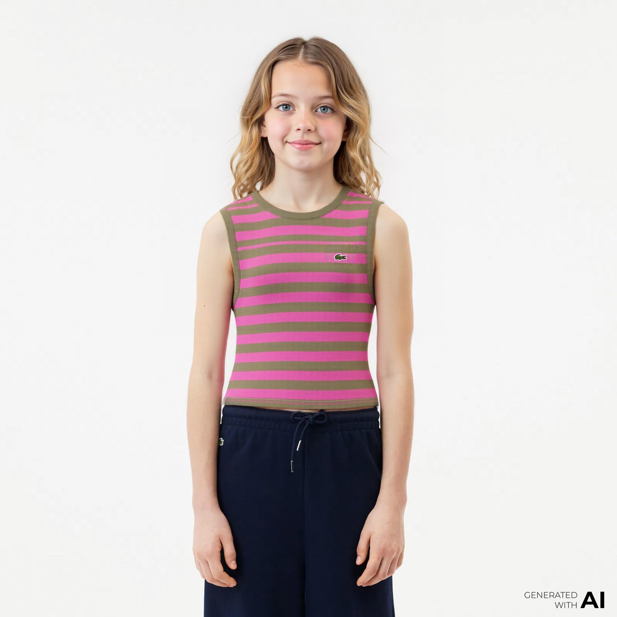 Lacoste Kız Çocuk Kolsuz Bisiklet Yaka Baskılı Kahverengi T-Shirt