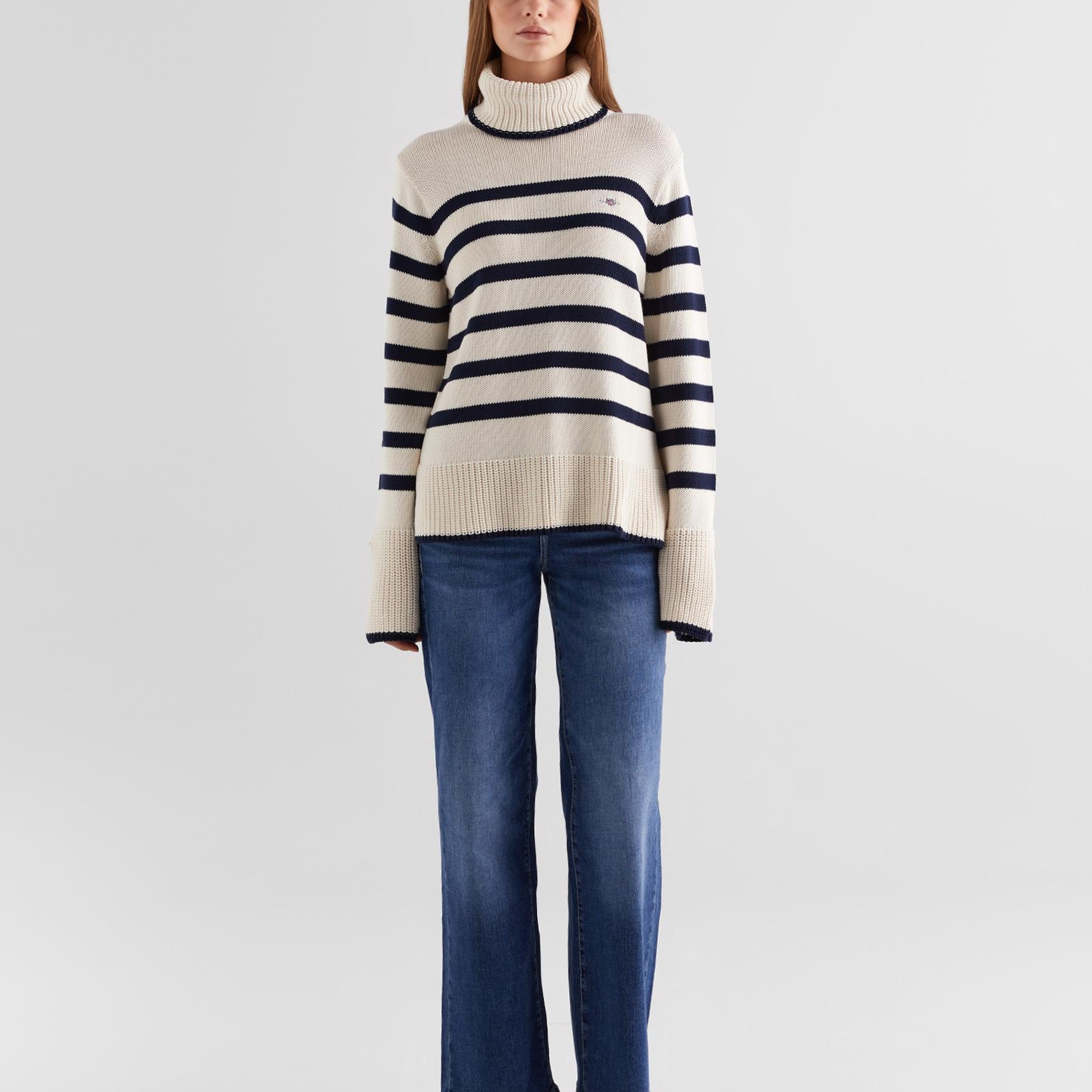 GANT Kadın Krem Oversize Fit Boğazlı Yaka Çizgili Kazak