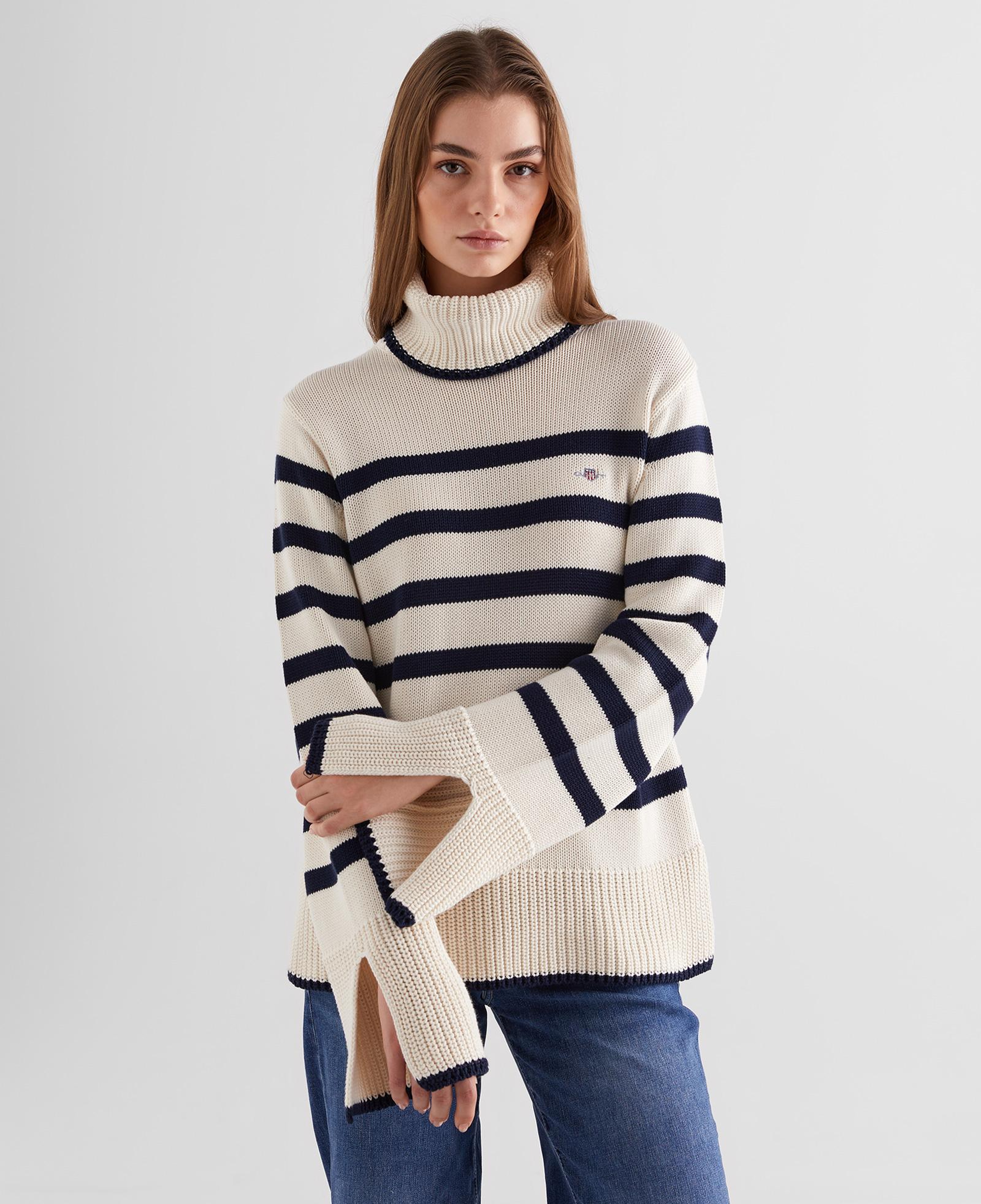 GANT Kadın Krem Oversize Fit Boğazlı Yaka Çizgili Kazak