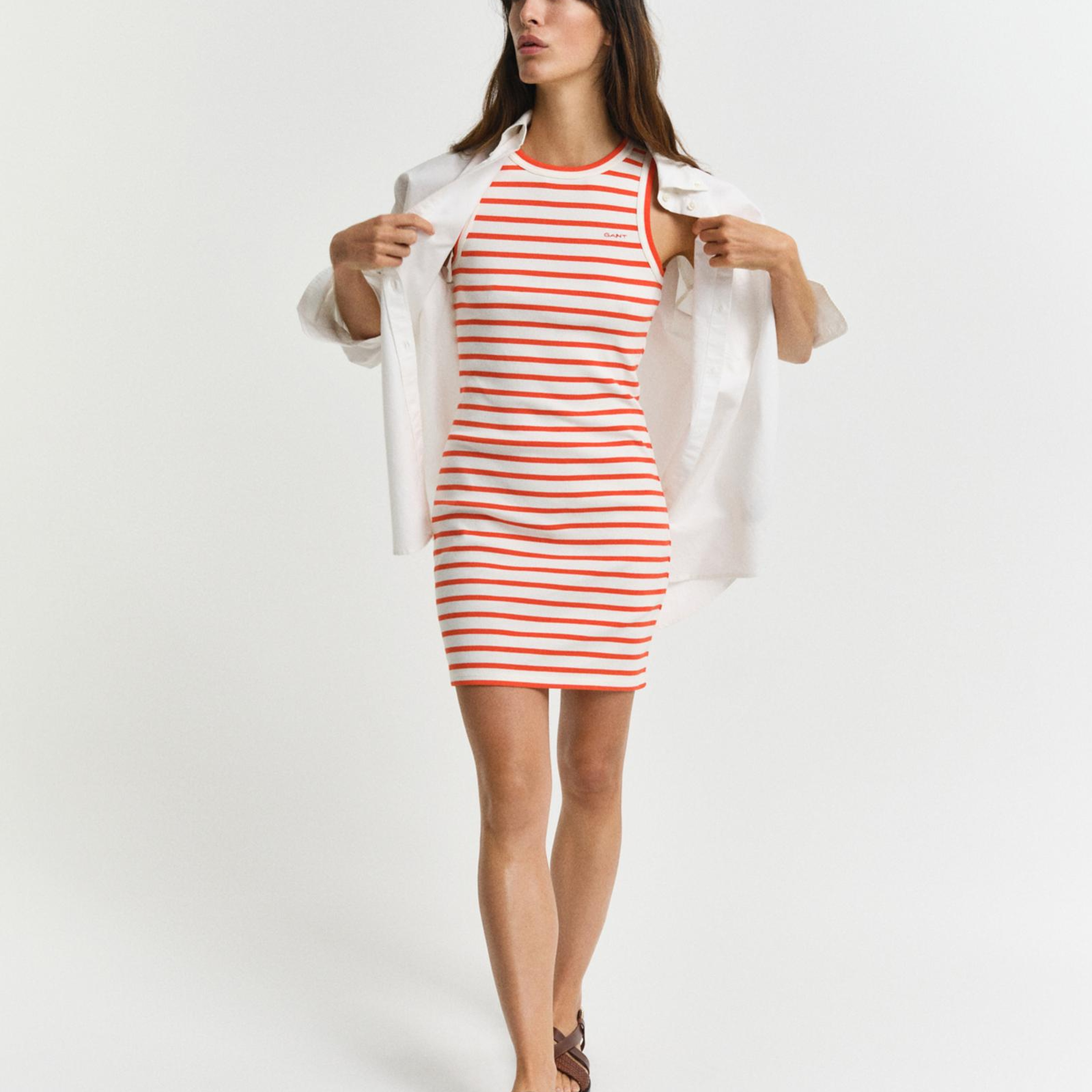 GANT Kadın Turuncu Slim Fit Bisiklet Yaka Çizgili Elbise
