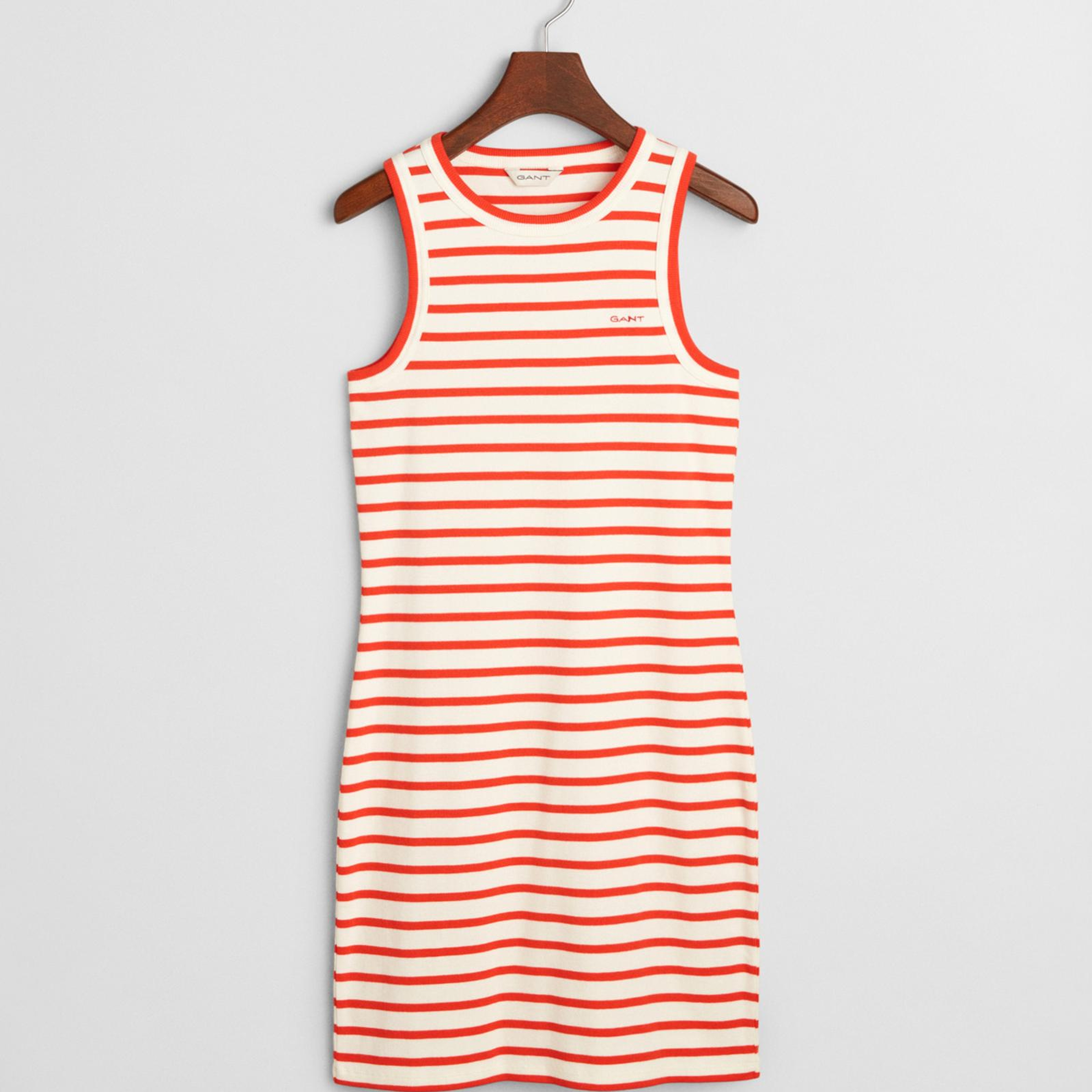 GANT Kadın Turuncu Slim Fit Bisiklet Yaka Çizgili Elbise