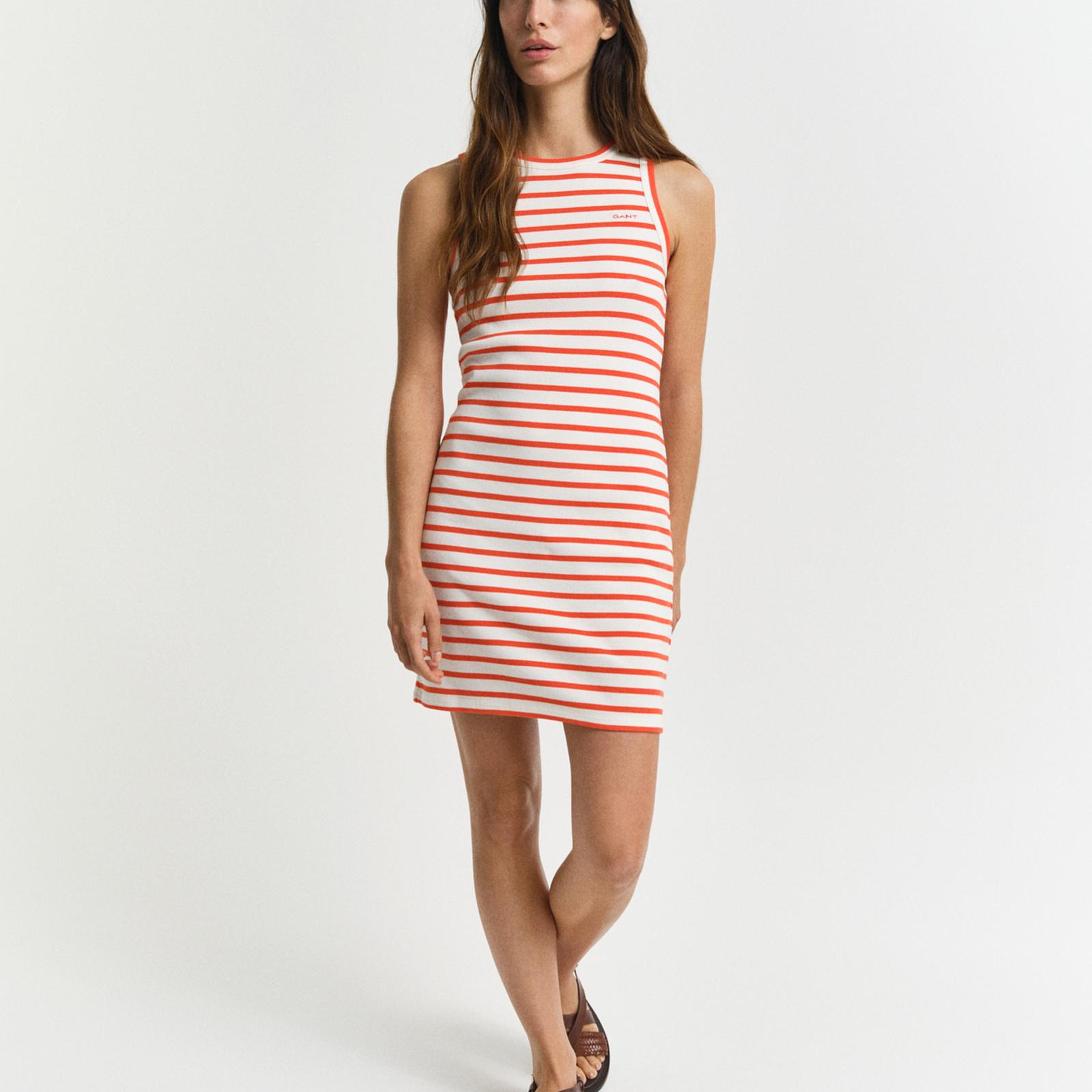 GANT Kadın Turuncu Slim Fit Bisiklet Yaka Çizgili Elbise