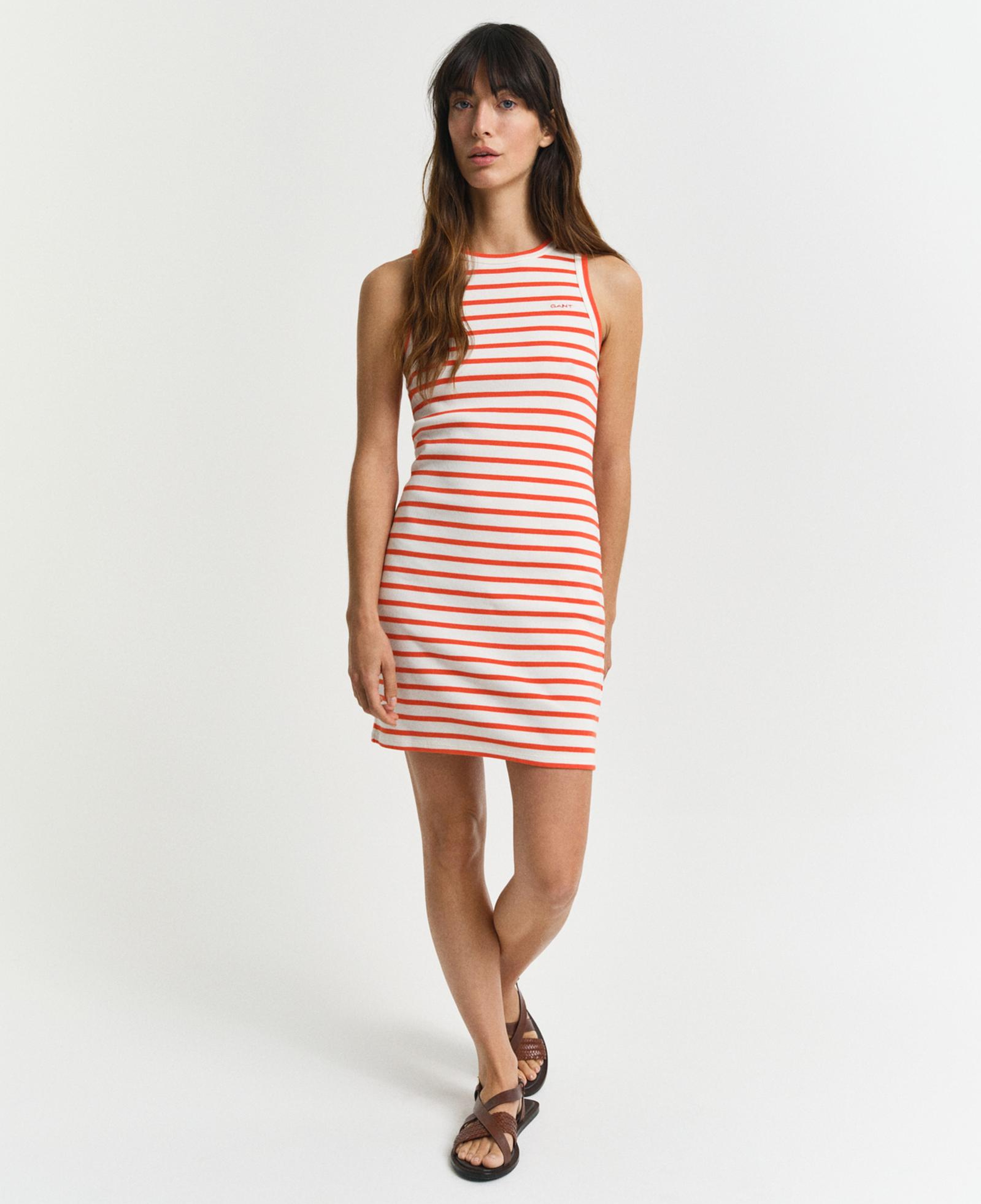 GANT Kadın Turuncu Slim Fit Bisiklet Yaka Çizgili Elbise