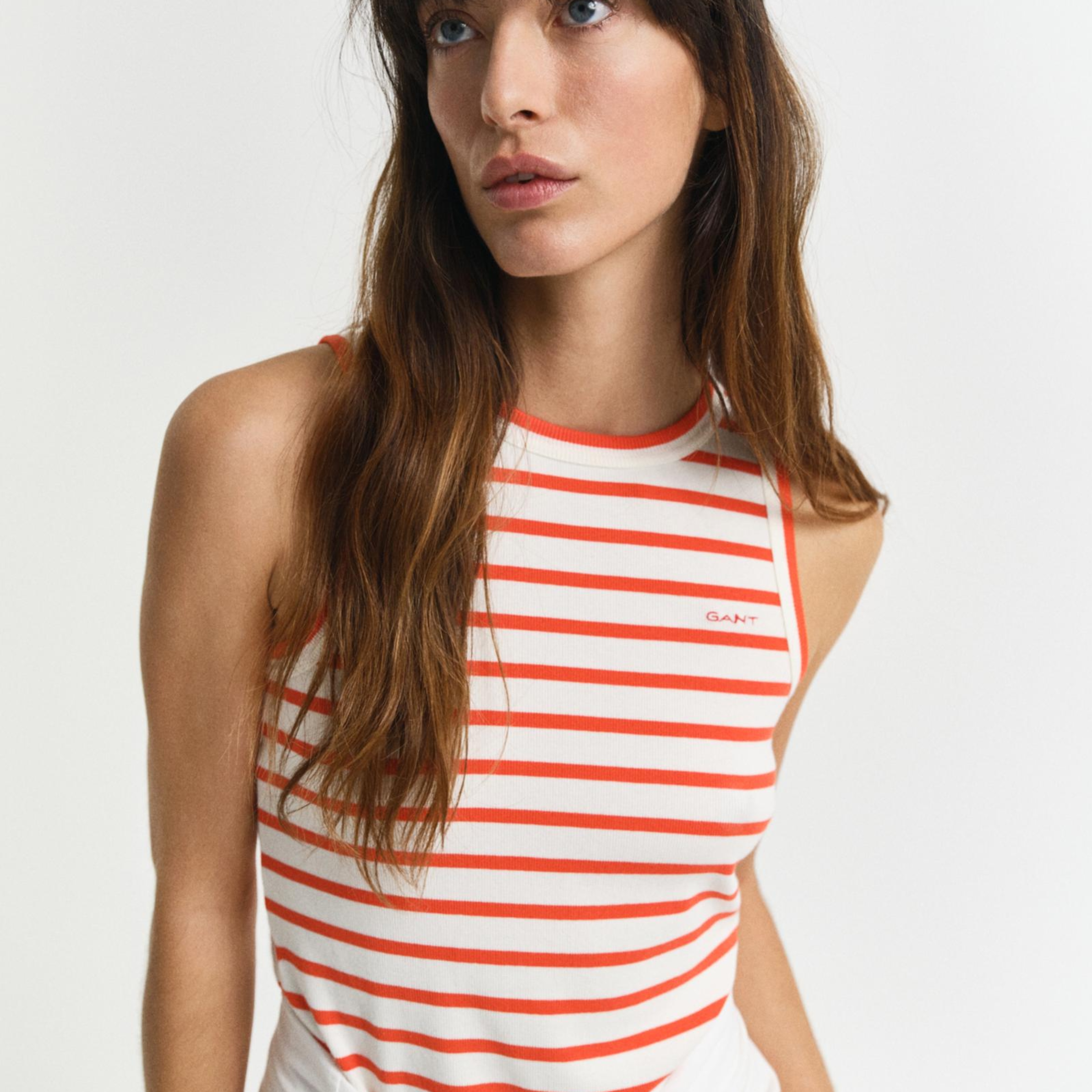 GANT Kadın Turuncu Slim Fit Bisiklet Yaka Çizgili Elbise