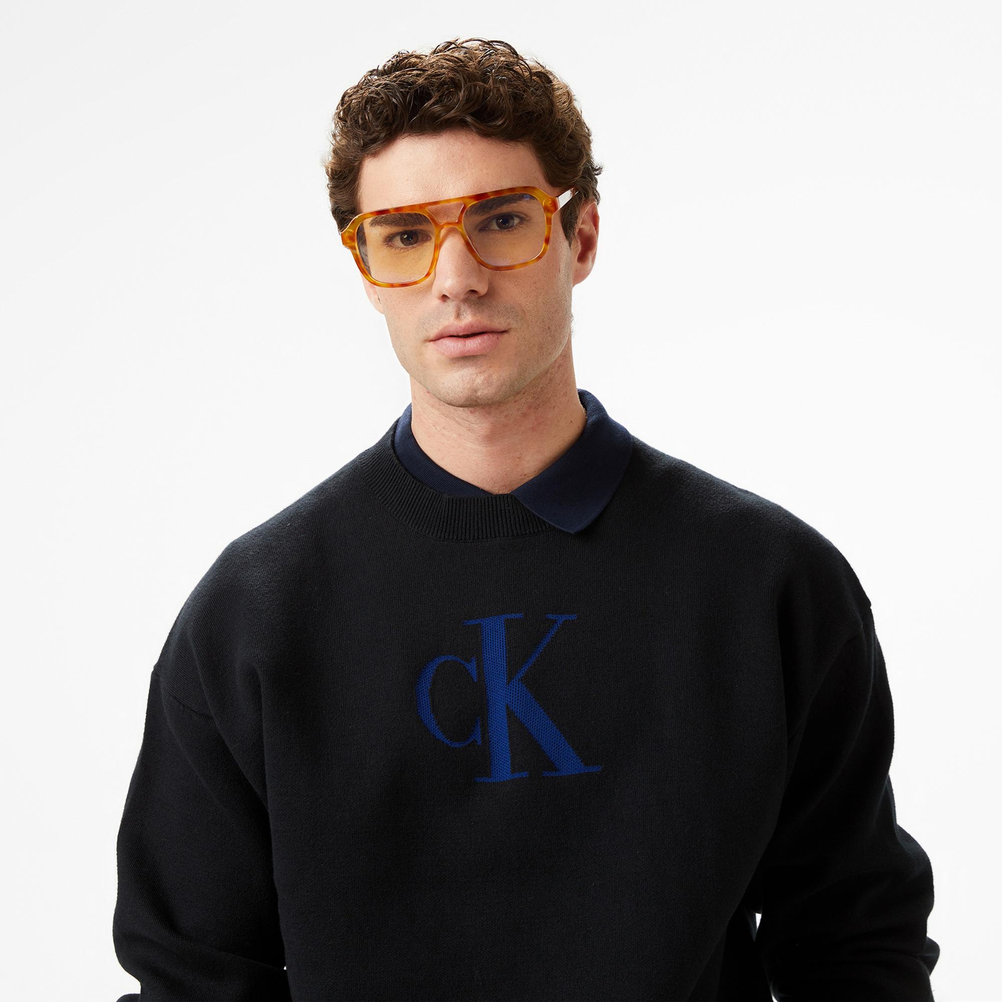 Calvin Klein Cashmere 3D Logo Erkek Siyah Triko