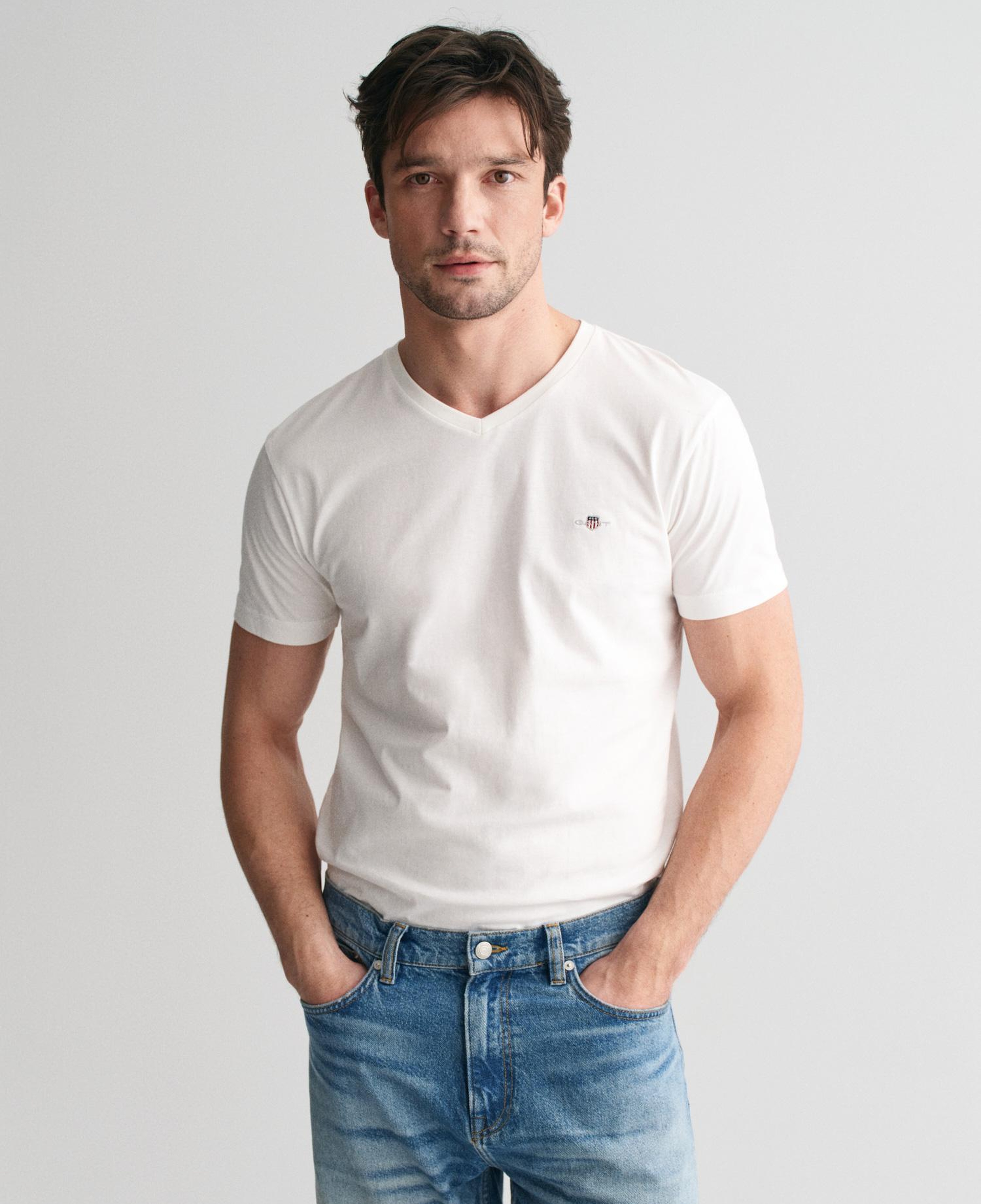 GANT Erkek Beyaz Slim Fit V Yaka T-Shirt