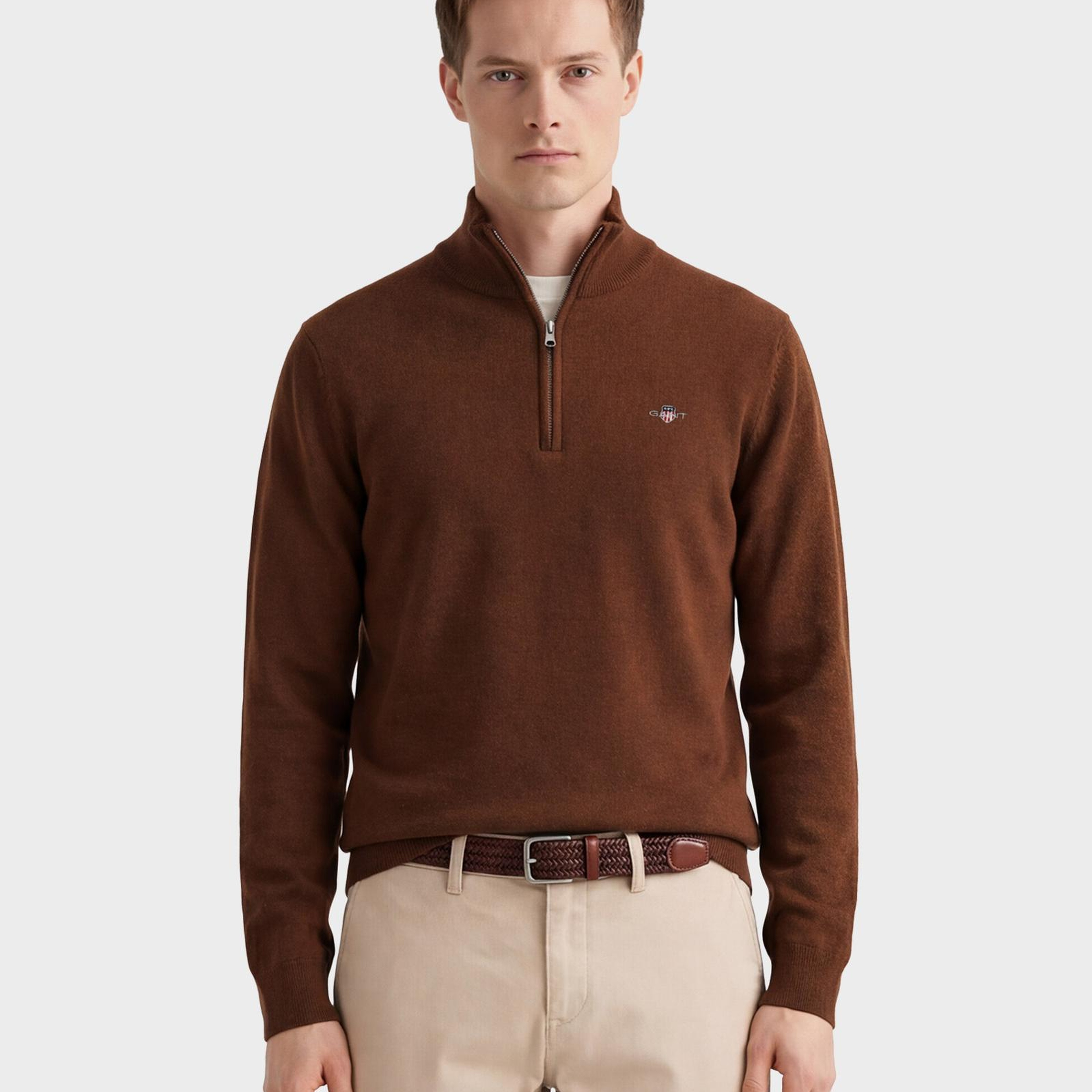 GANT Erkek Kahverengi Regular Fit Yarım Fermuarlı Yün Kazak
