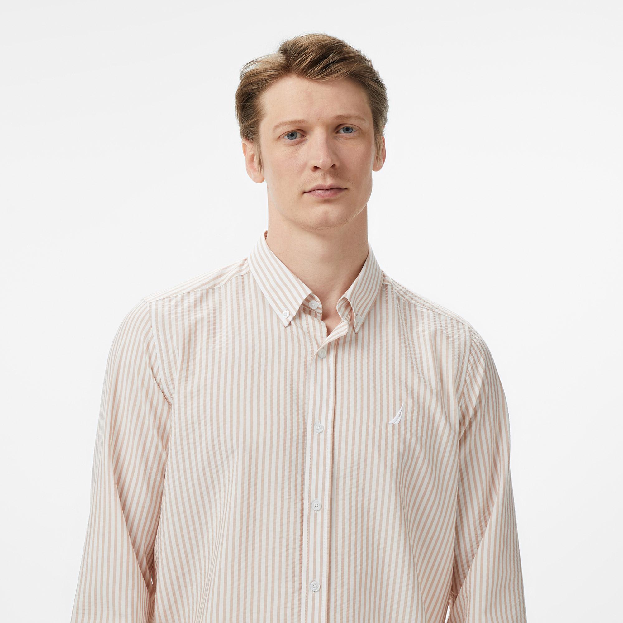 Nautica Erkek Bej Regular Fit Çizgili Gömlek