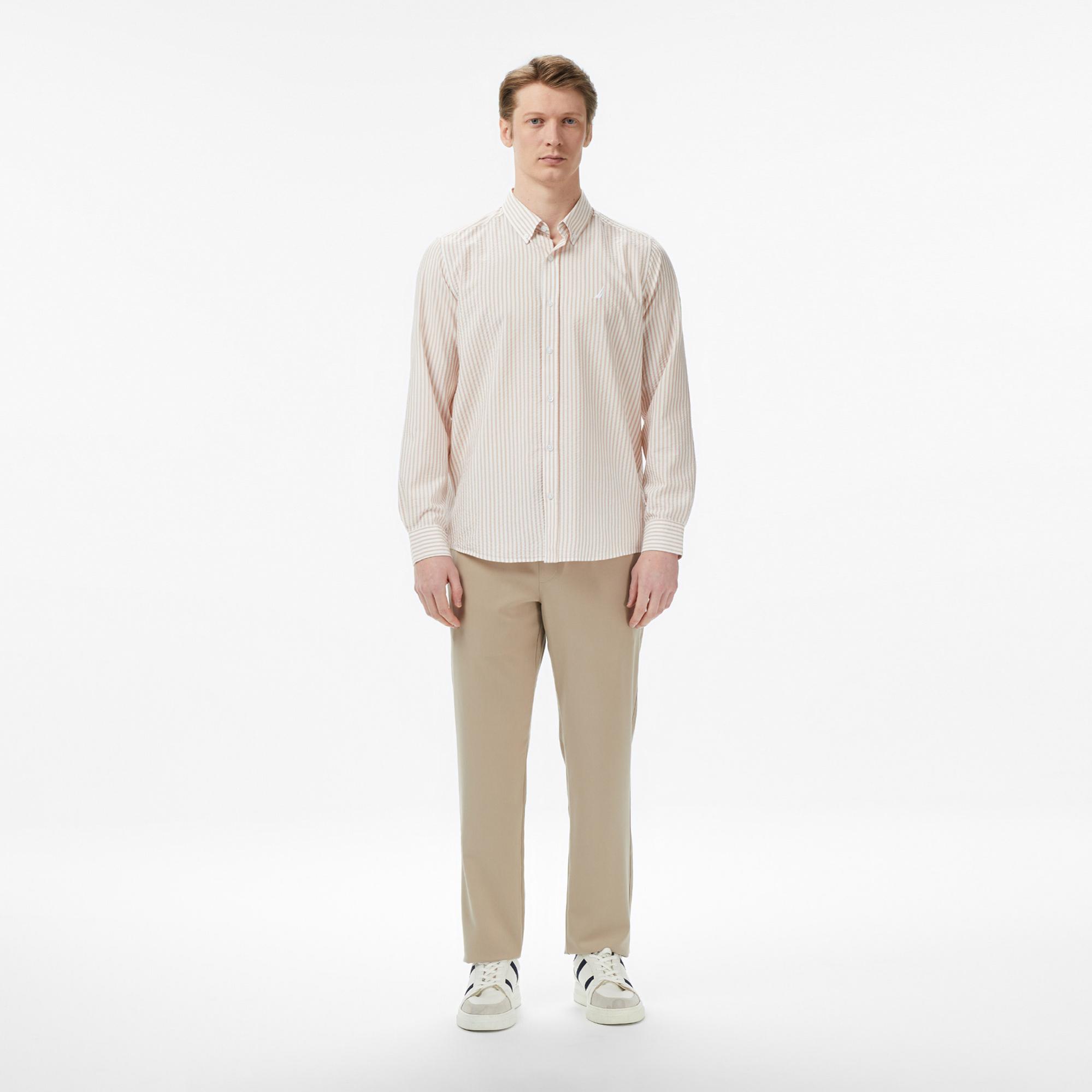 Nautica Erkek Bej Regular Fit Çizgili Gömlek