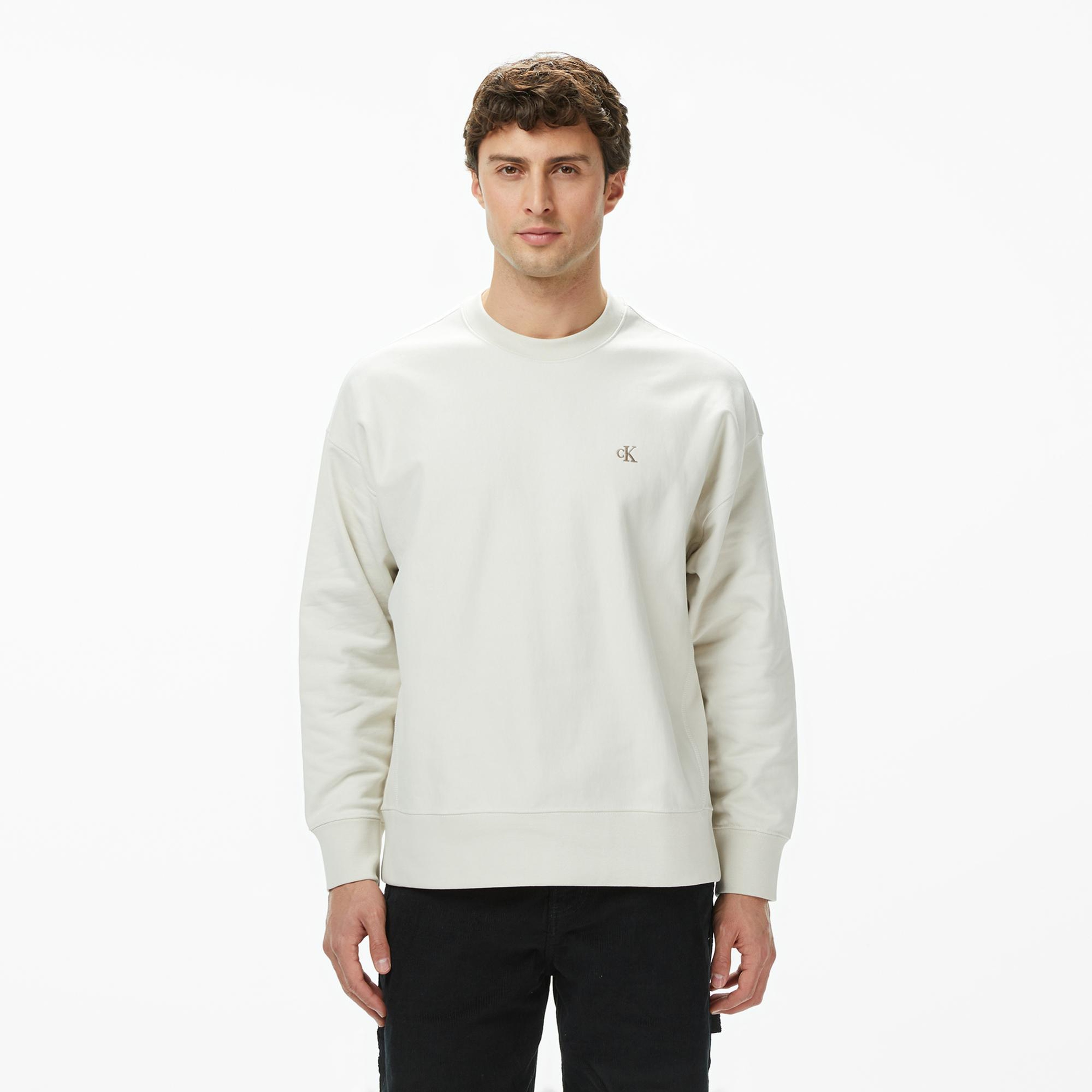 Calvin Klein Premium Terry Monogram Erkek Beyaz Sweatshirt