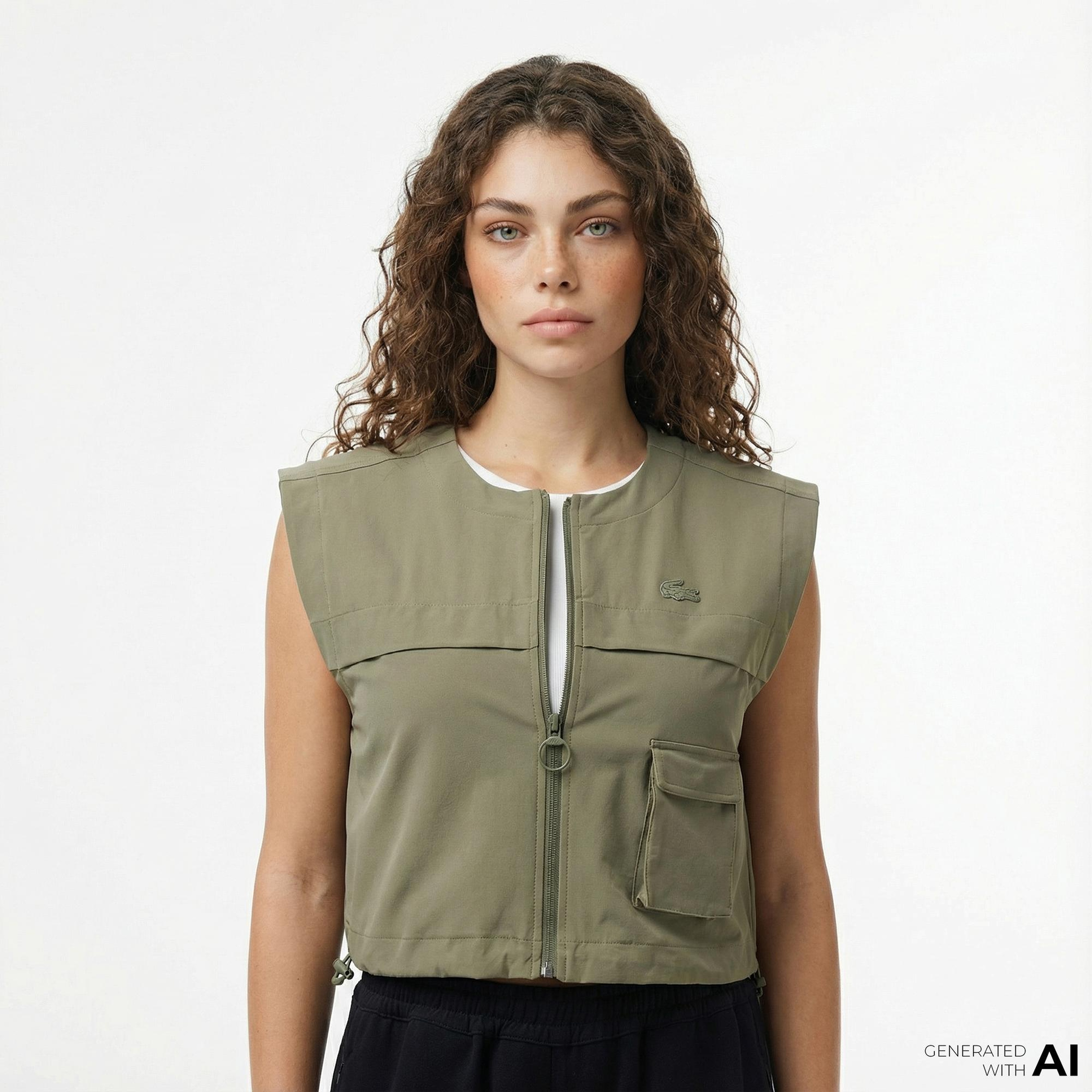 Lacoste Kadın Regular Fit Kolsuz Fermuarlı Haki Gömlek