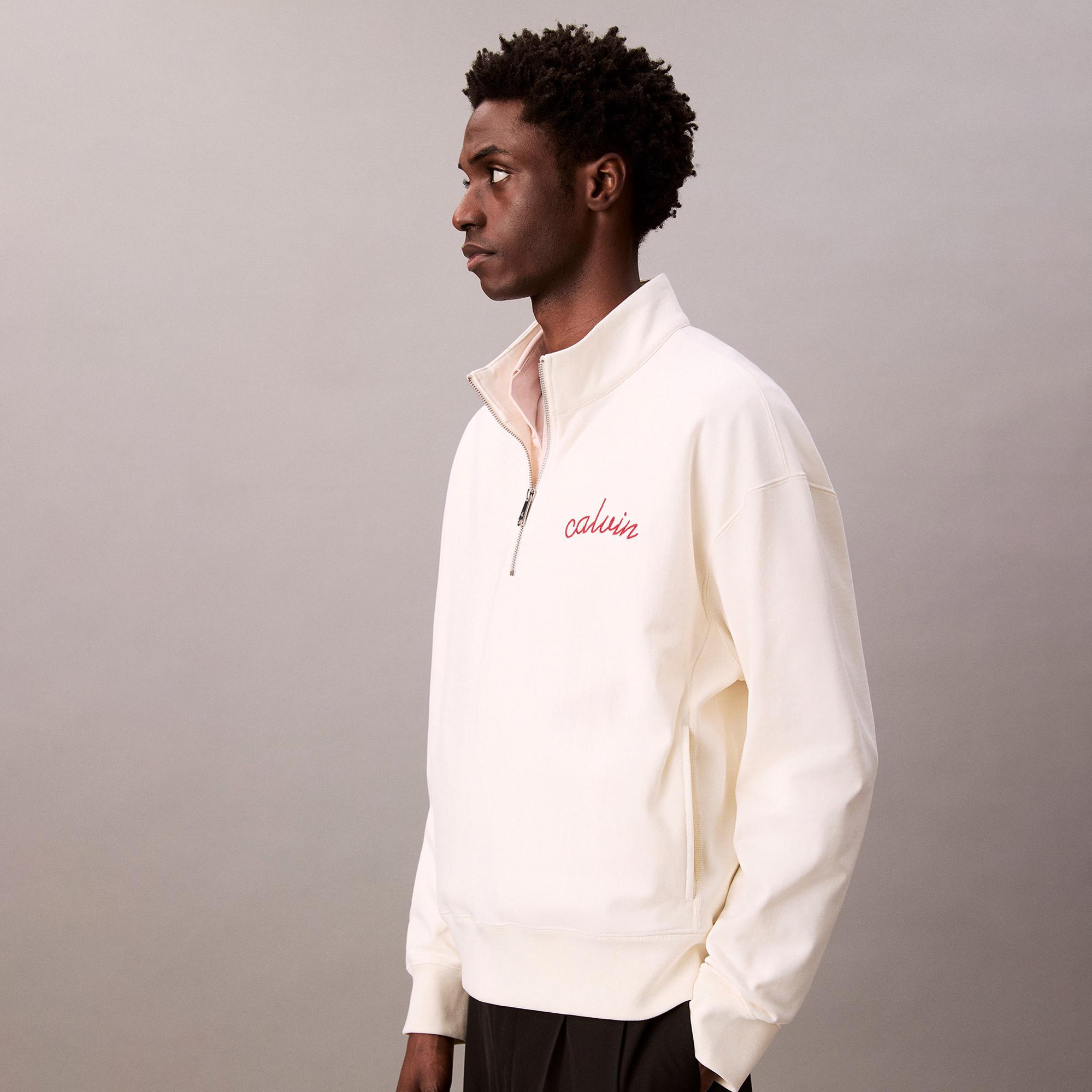 Calvin Klein Premium Terry Chain Stitch Erkek Beyaz Sweatshirt