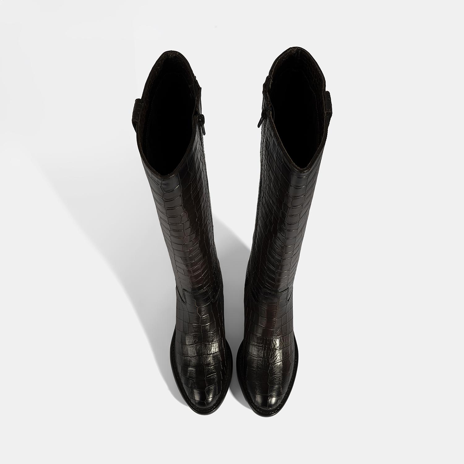 DESA Kadın Kahve Kroko Baskılı Kalın Topuklu Deri Çizme