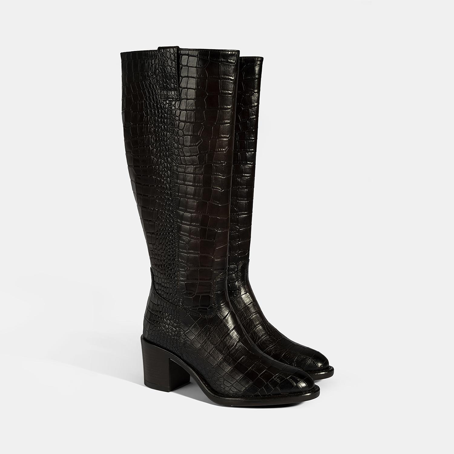 DESA Kadın Kahve Kroko Baskılı Kalın Topuklu Deri Çizme