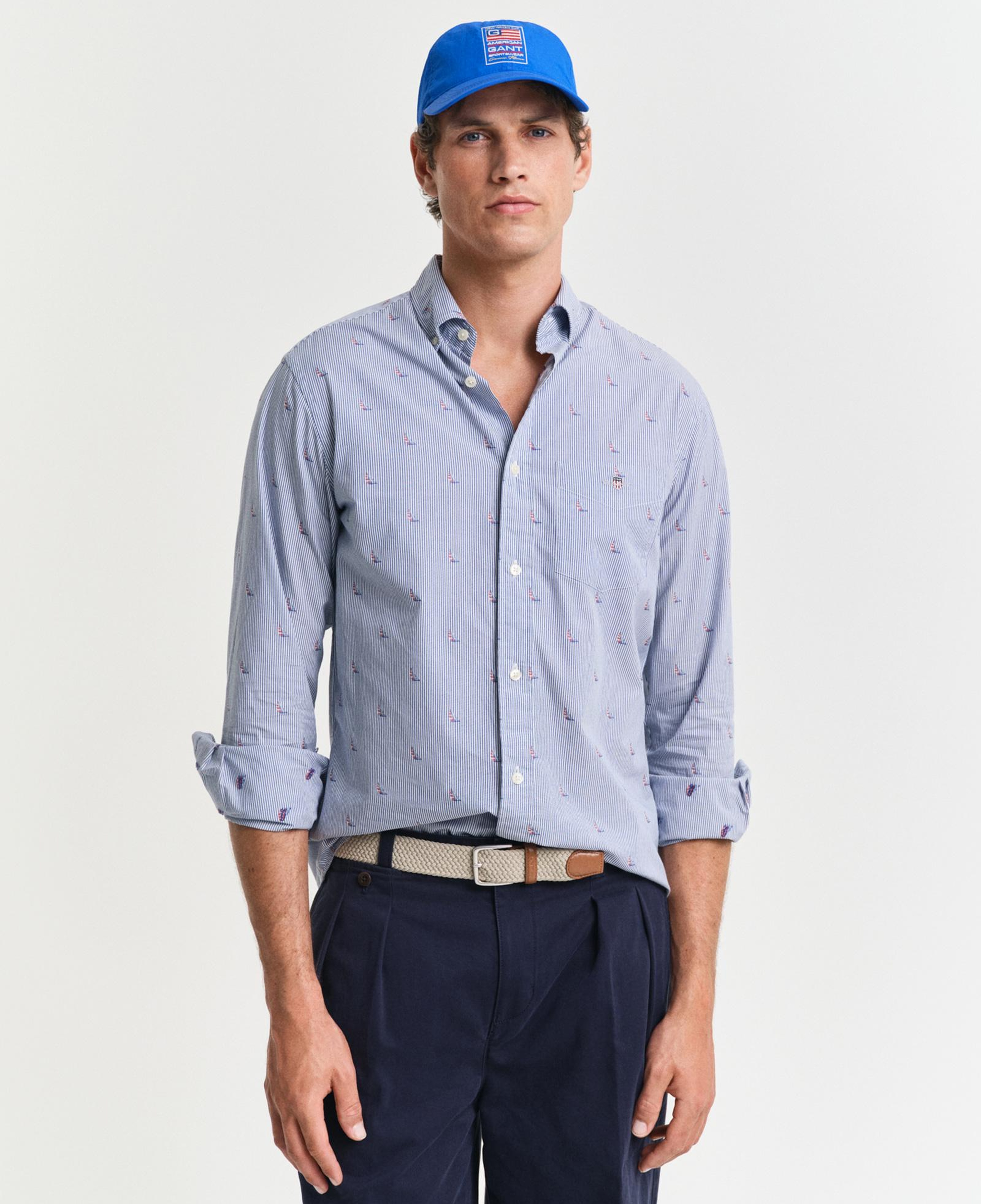 GANT Erkek Mavi Regular Fit Düğmeli Yaka Çizgili Gömlek
