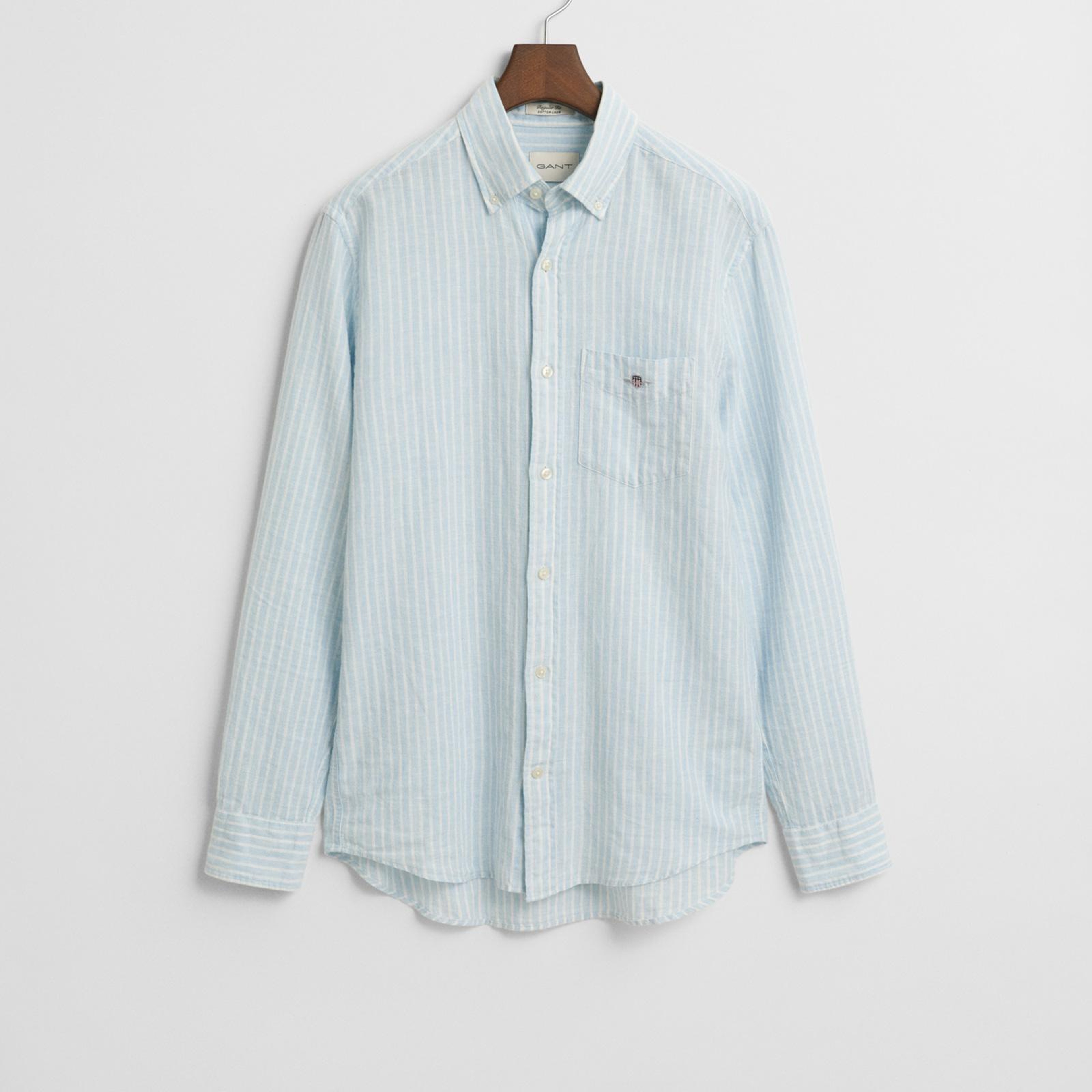 GANT Erkek Mavi Regular Fit Düğmeli Yaka Çizgili Keten Gömlek