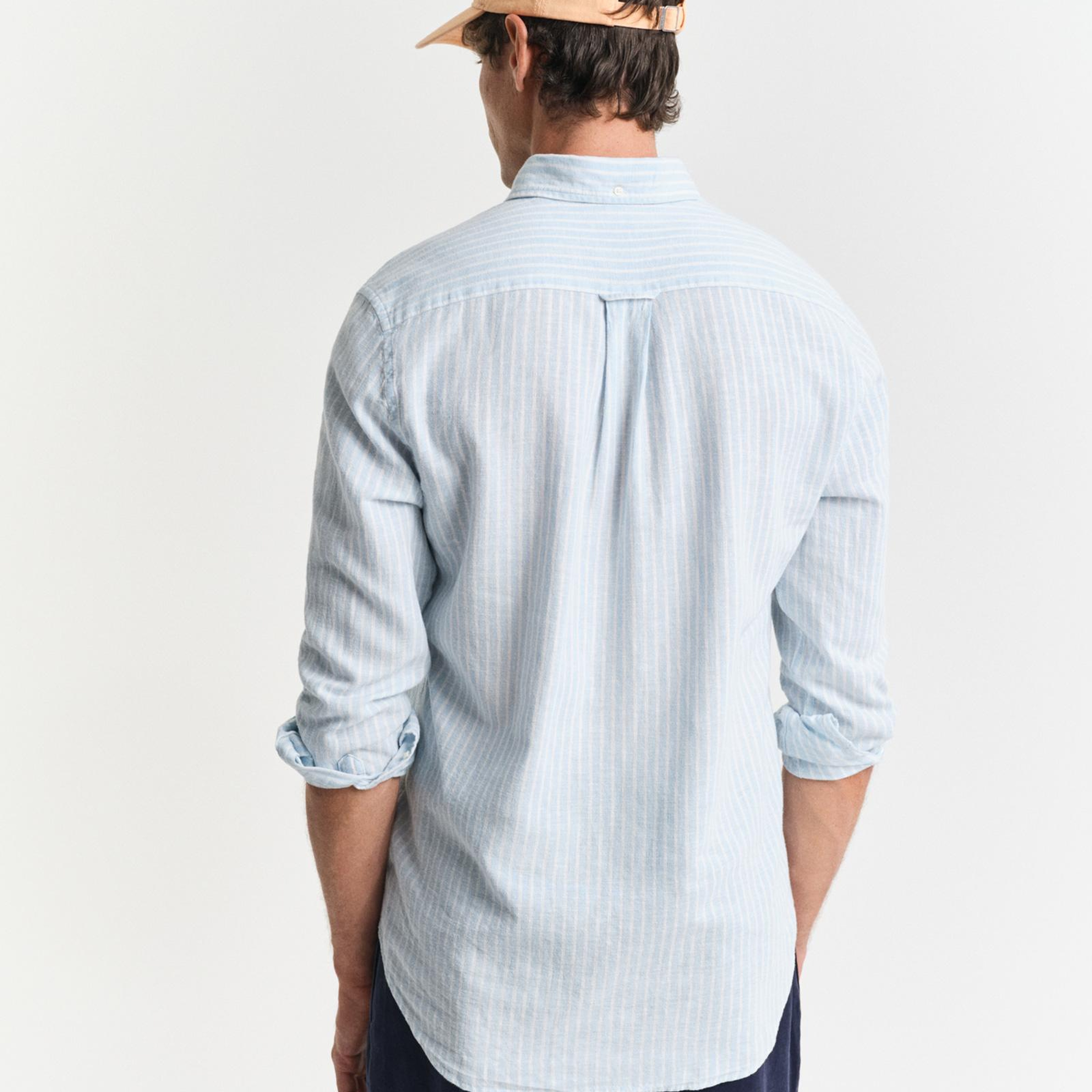 GANT Erkek Mavi Regular Fit Düğmeli Yaka Çizgili Keten Gömlek