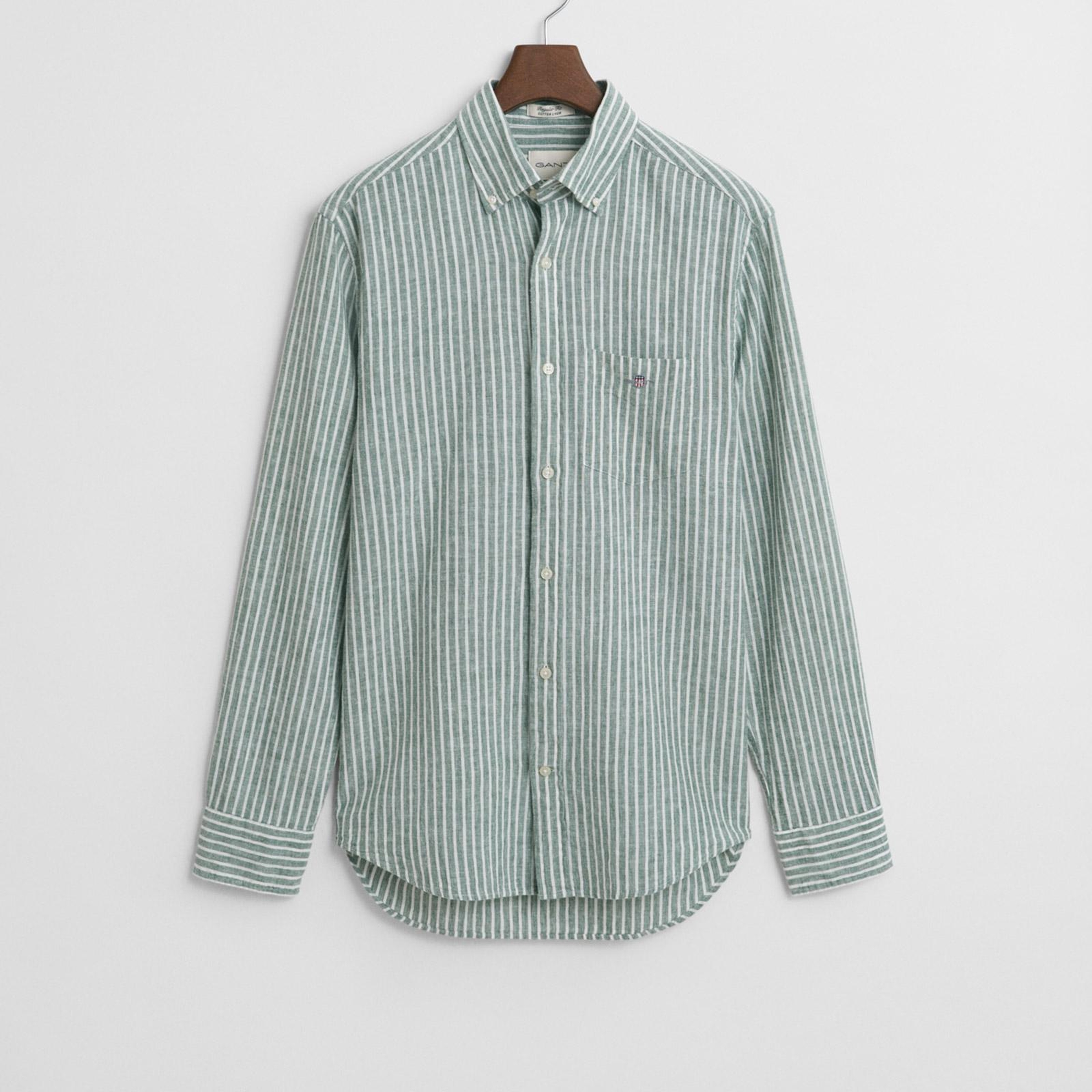 GANT Erkek Yeşil Regular Fit Düğmeli Yaka Çizgili Keten Gömlek