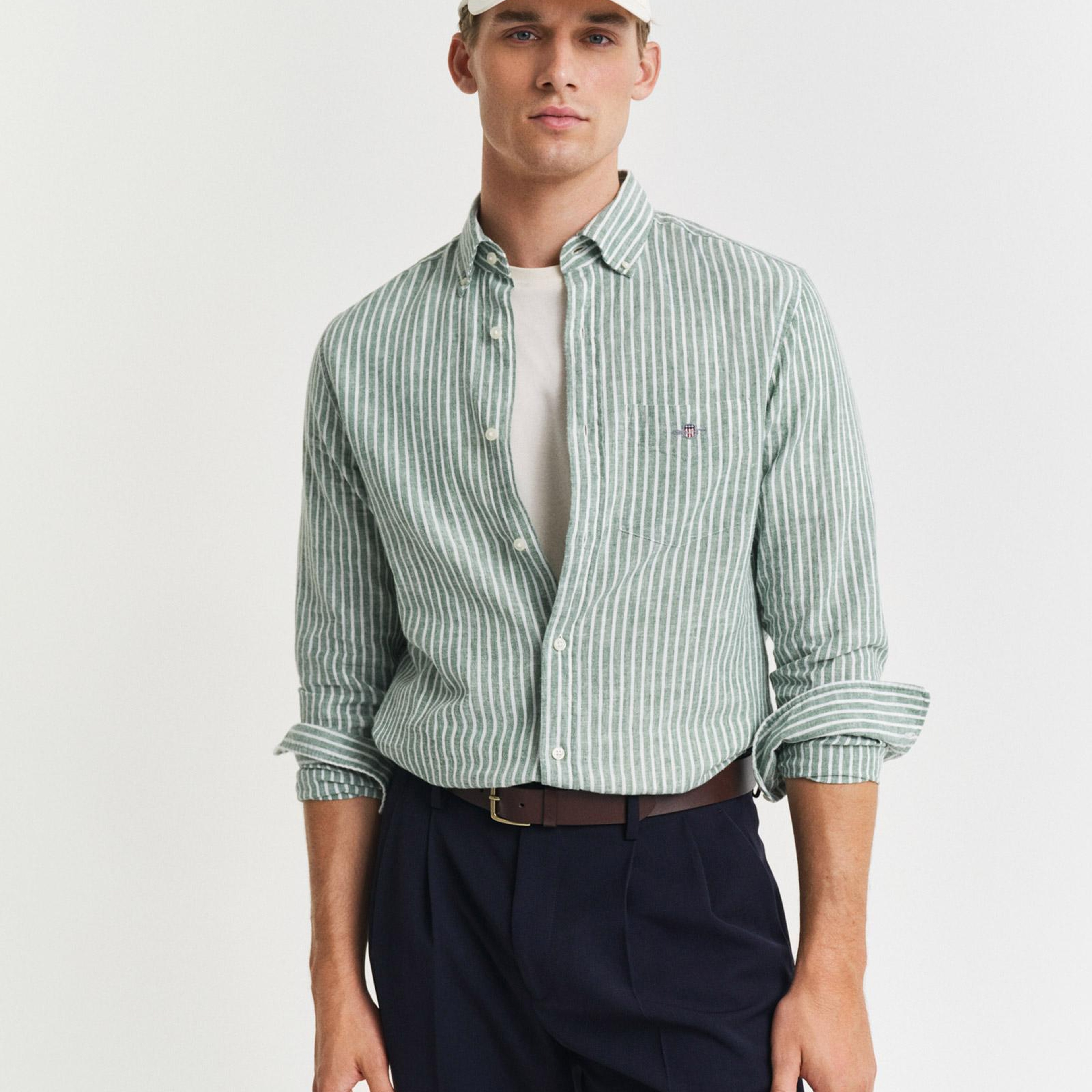 GANT Erkek Yeşil Regular Fit Düğmeli Yaka Çizgili Keten Gömlek