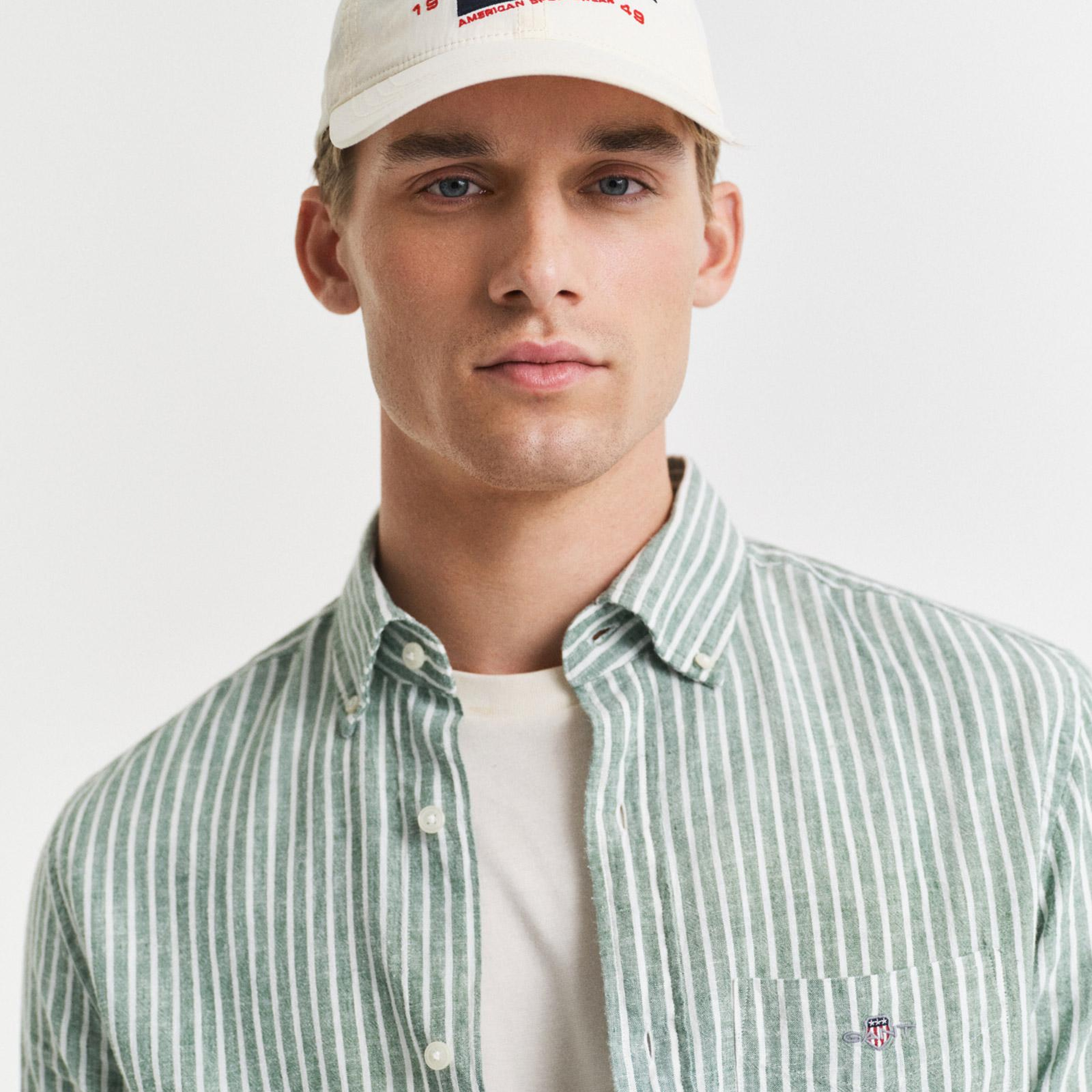 GANT Erkek Yeşil Regular Fit Düğmeli Yaka Çizgili Keten Gömlek