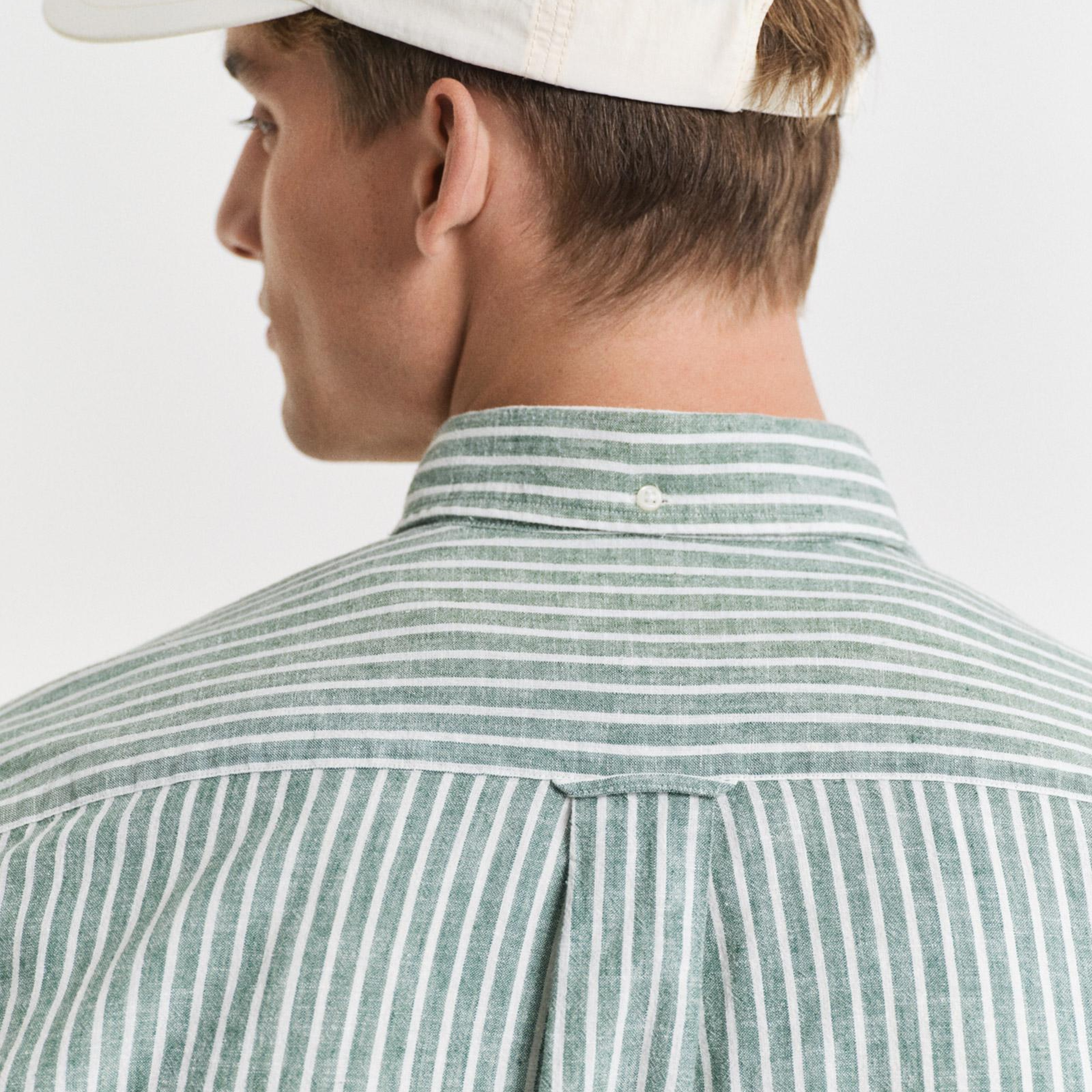 GANT Erkek Yeşil Regular Fit Düğmeli Yaka Çizgili Keten Gömlek