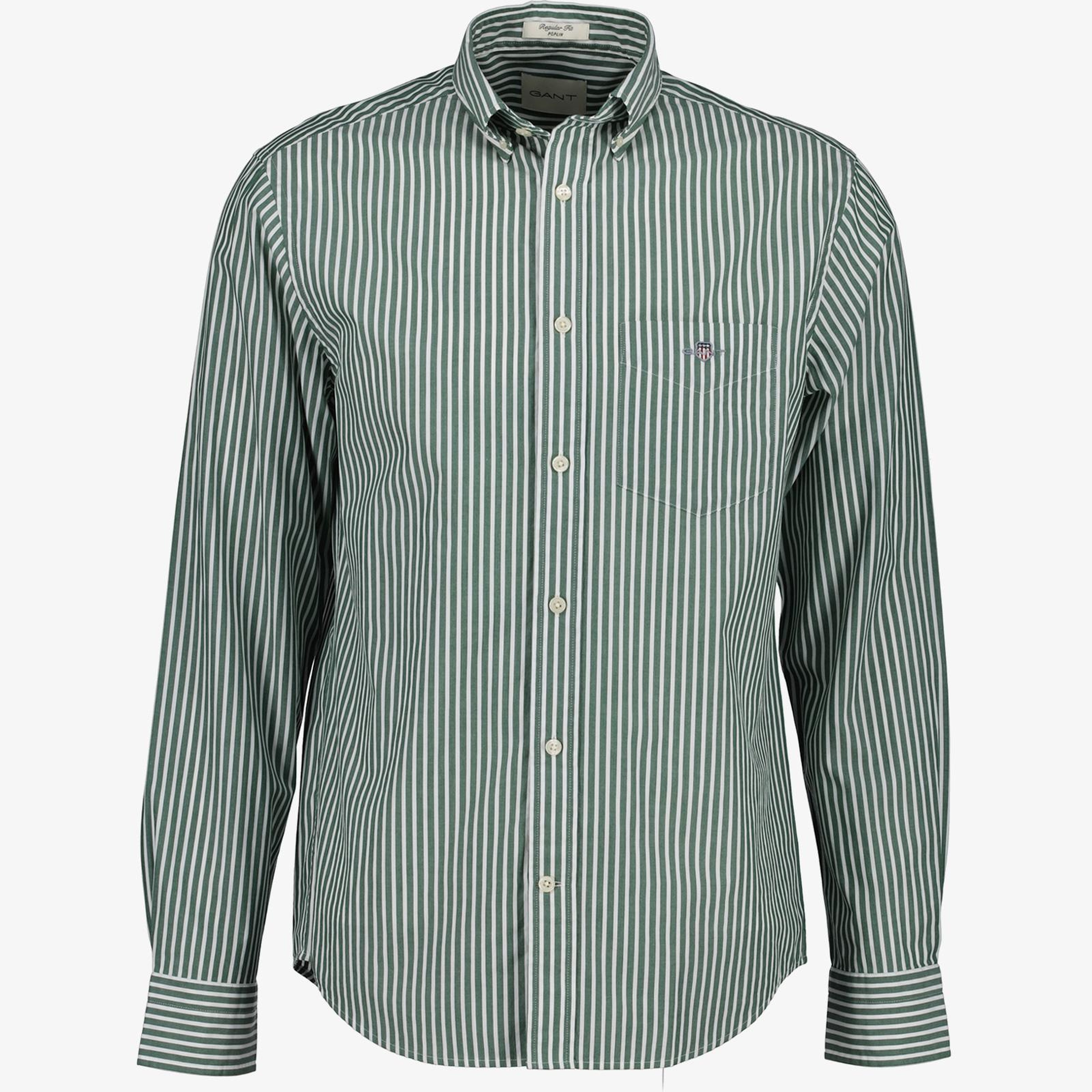GANT Erkek Yeşil Regular Fit Düğmeli Yaka Çizgili Poplin Gömlek